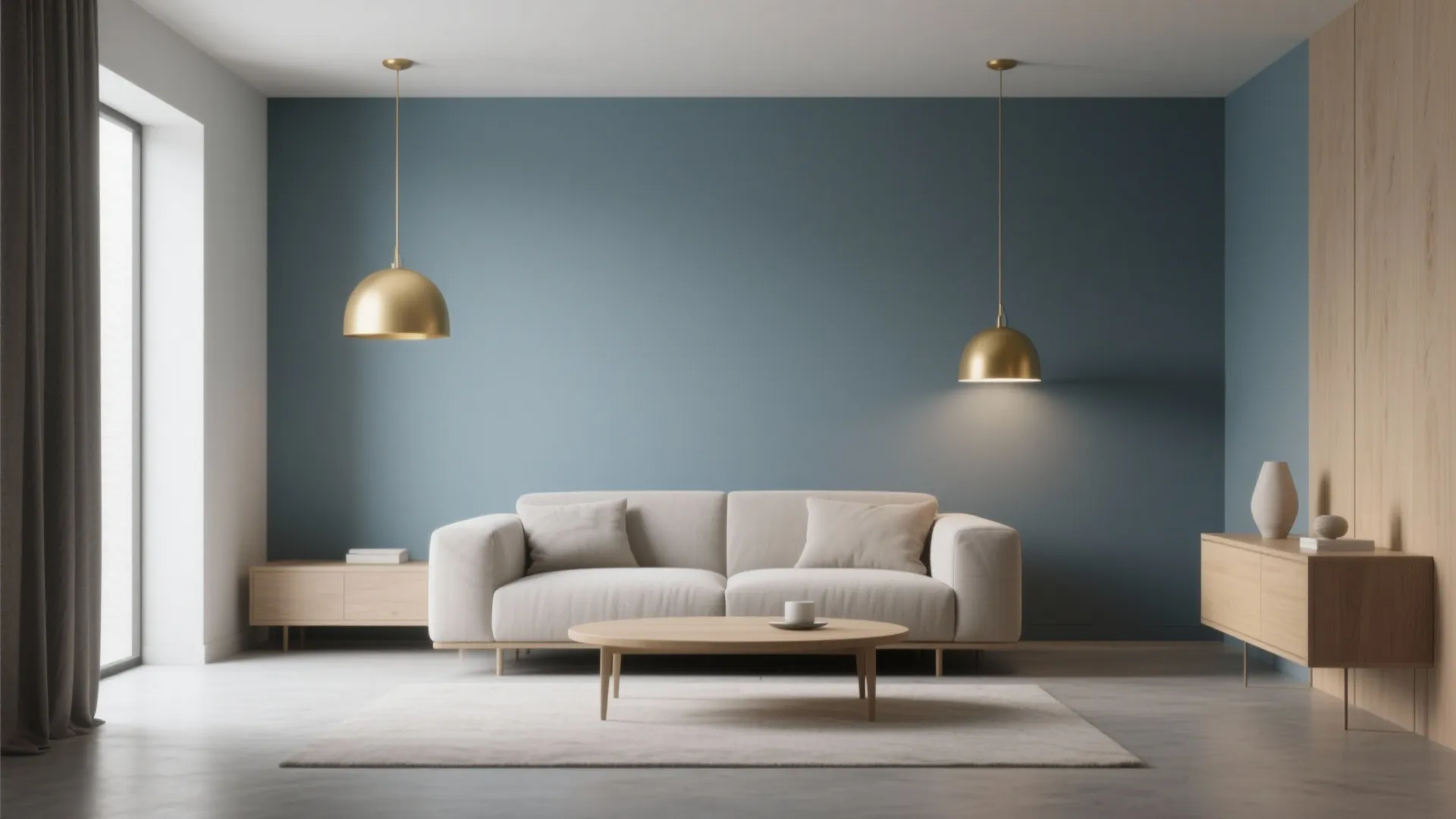 7. Modern Minimalism with Blue Walls and Subtle Yellow Lighting