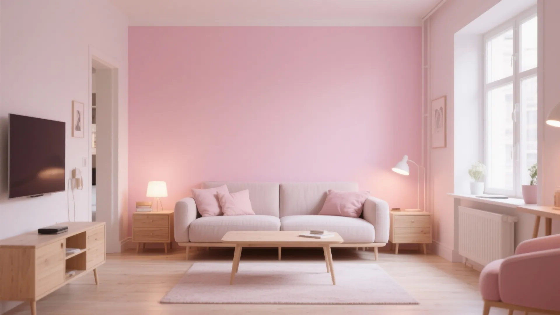 Minimalist living room with pink wall white sofa wooden coffee table and warm light fixtures