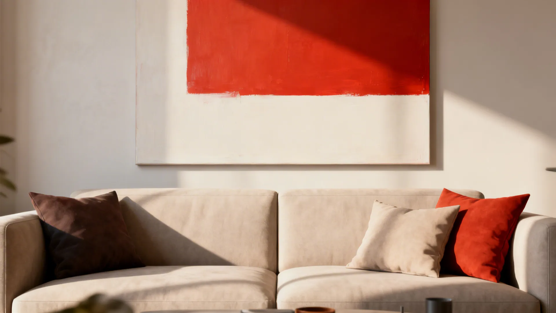 Minimalist wide canvas with a bold color block hung above a neutral sofa with coordinated cushions.