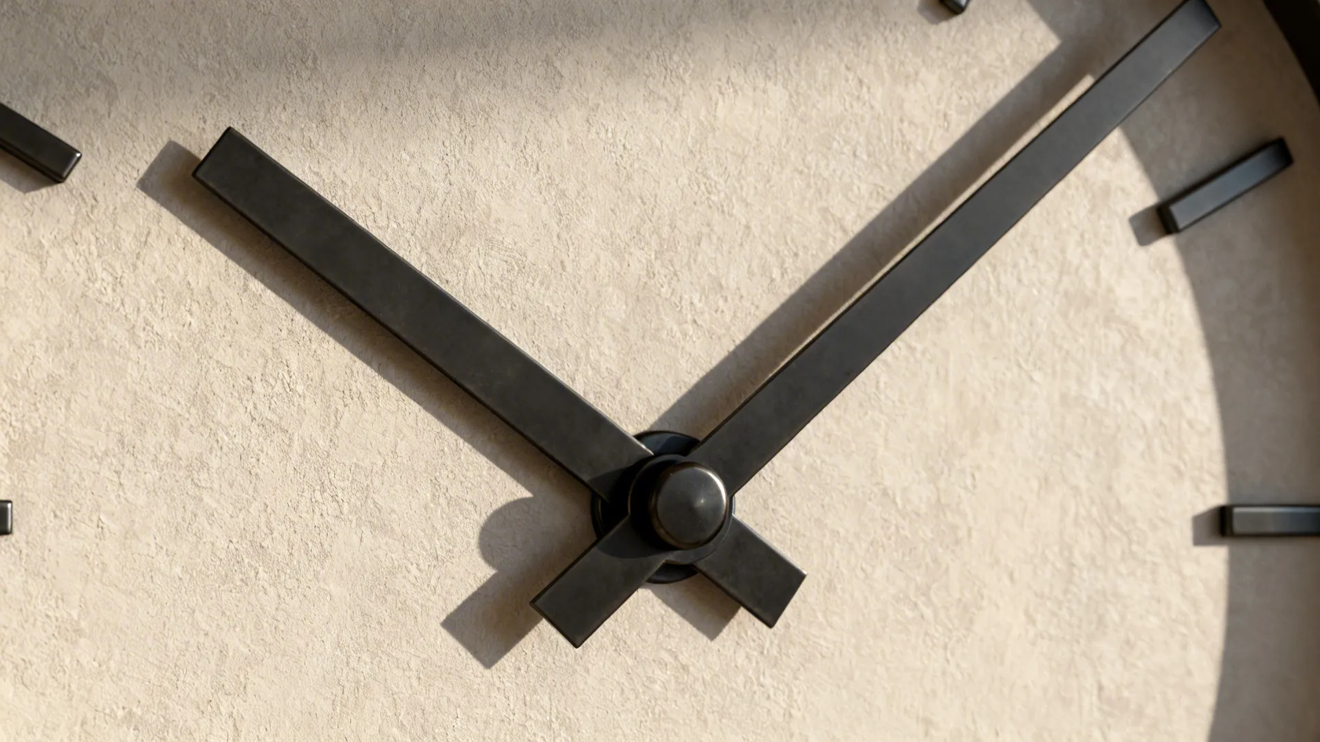 Close-up of a minimalist wall clock with oversized black hands on a neutral textured wall.