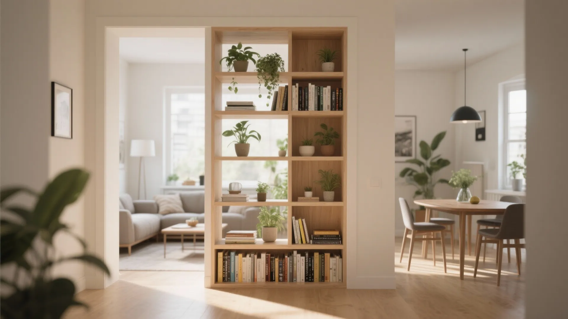 Wooden bookshelf divider filled with plants and books between a living area and dining room