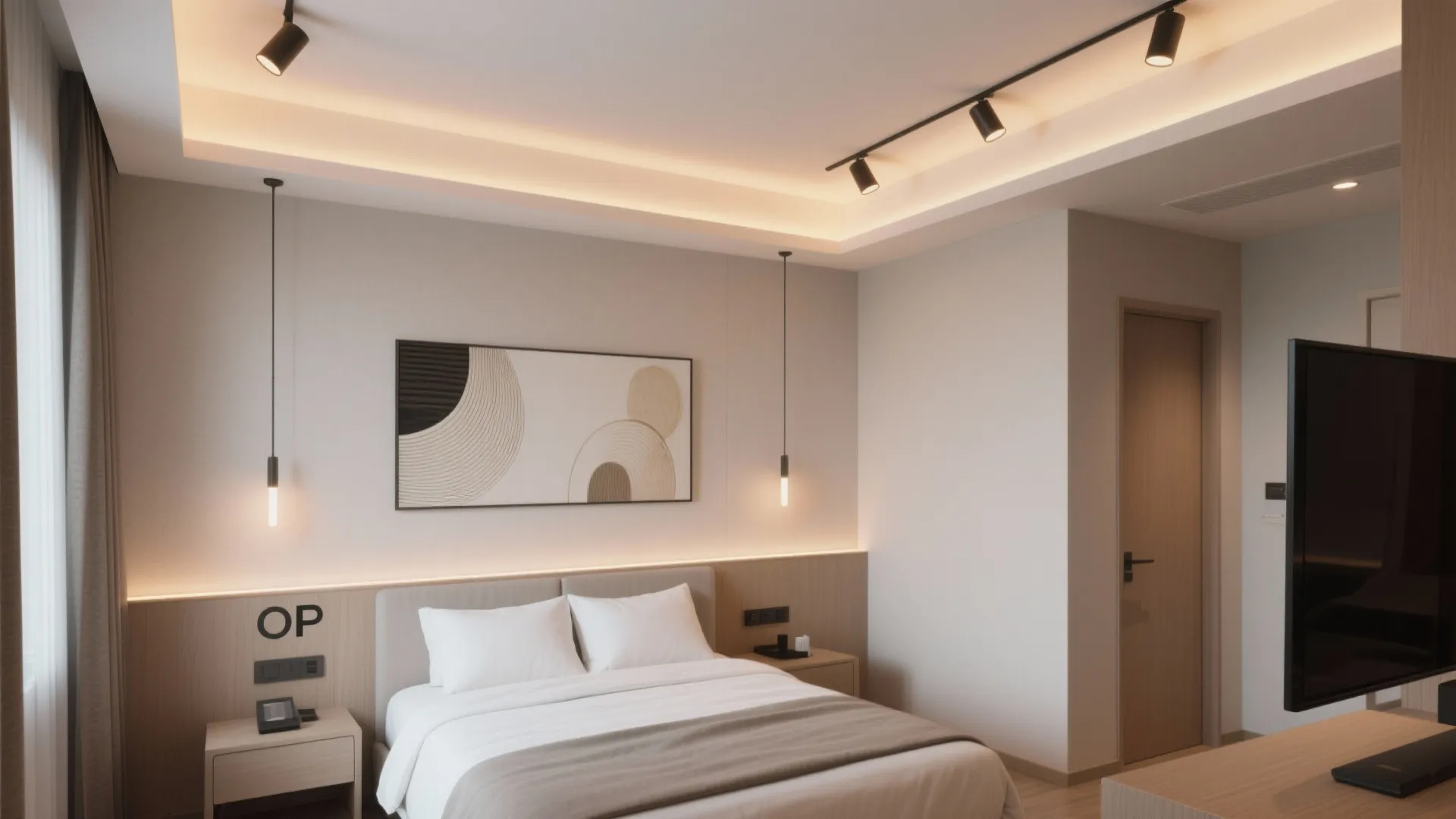 Minimalist bedroom with tray ceiling, black track lighting, hanging light fixtures, and simple wooden furniture