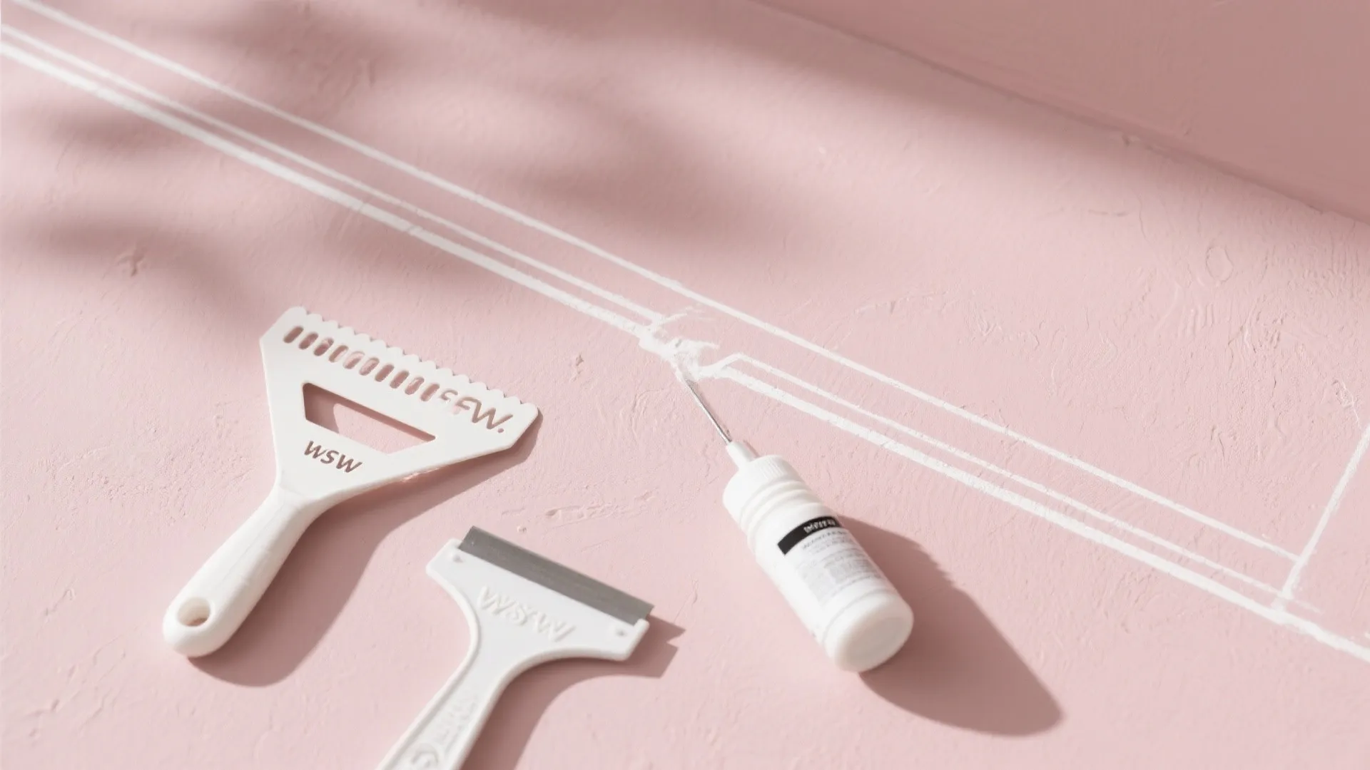 White plastic scrapers and glue bottle on a pink wall surface with painted white border lines