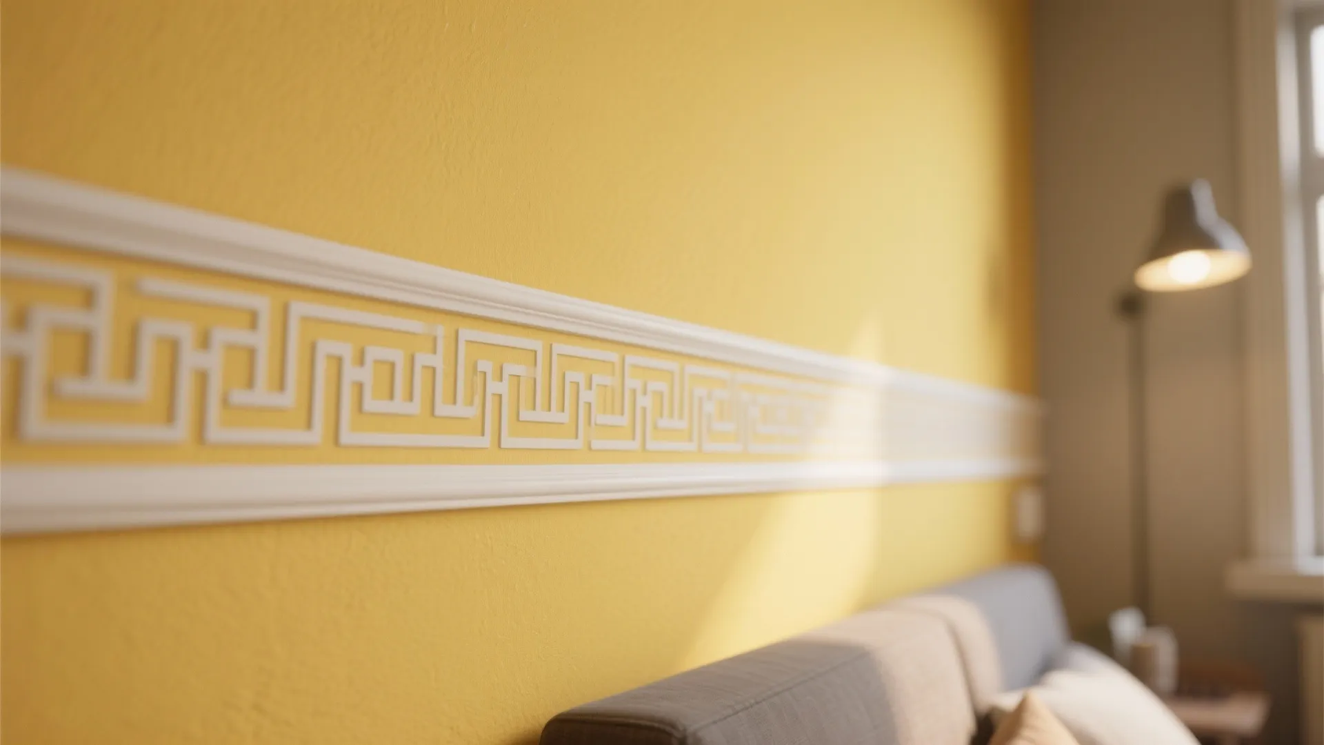Close up view of white wall panel design on a yellow wall in a bedroom