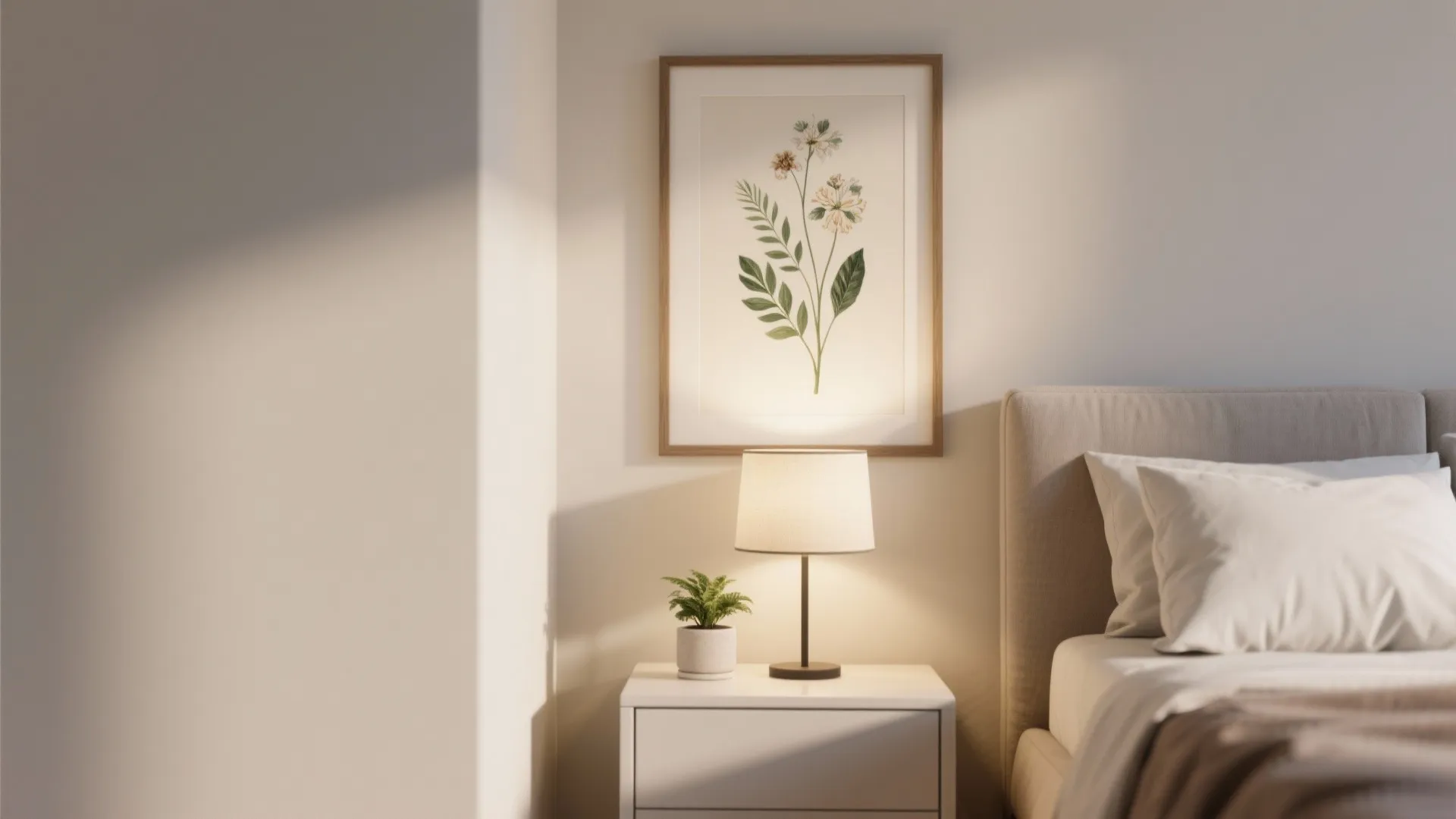 Minimalist bedside setup with a small table lamp botanical framed art and white bedding sheets