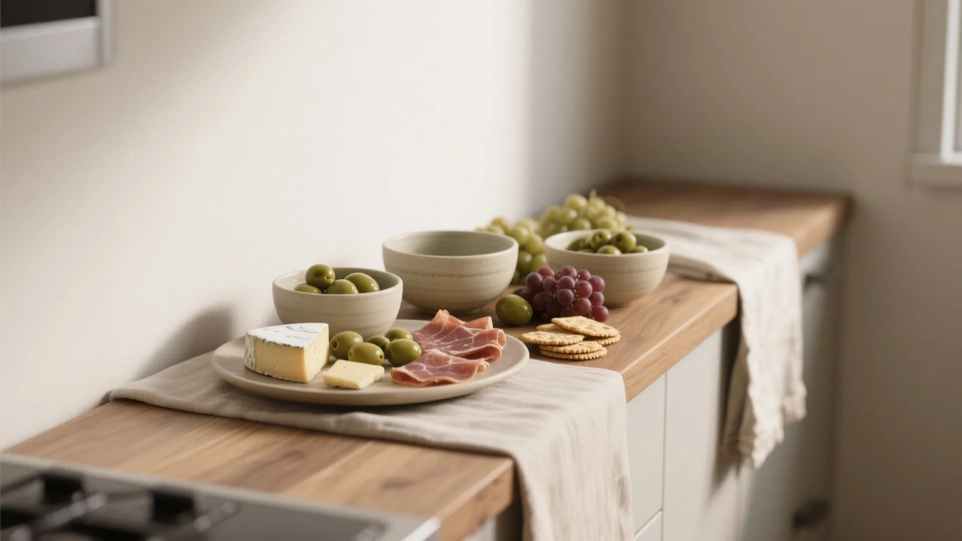 Kitchen counter with snacks like cheese meat olives and grapes on a light colored cloth
