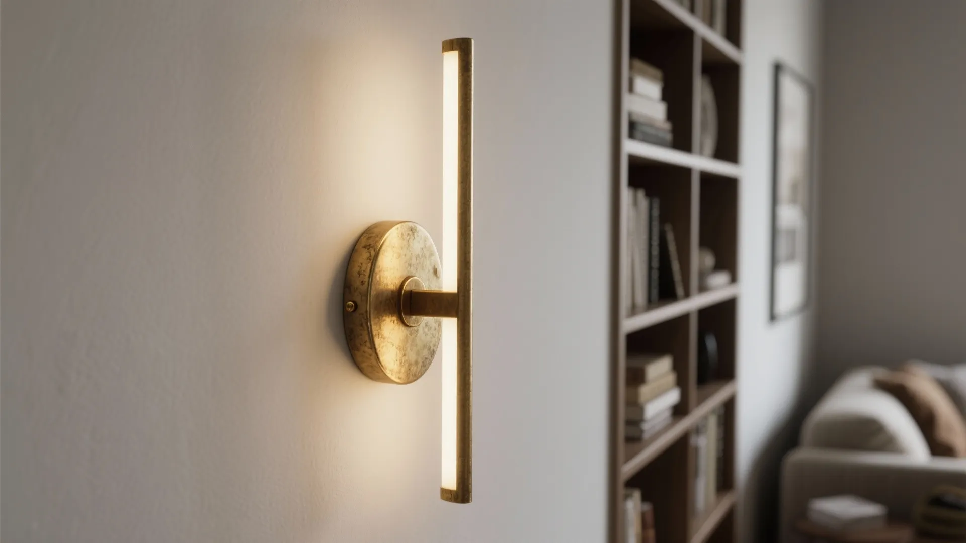 Slim brass wall sconce with warm LED light beside bookshelf