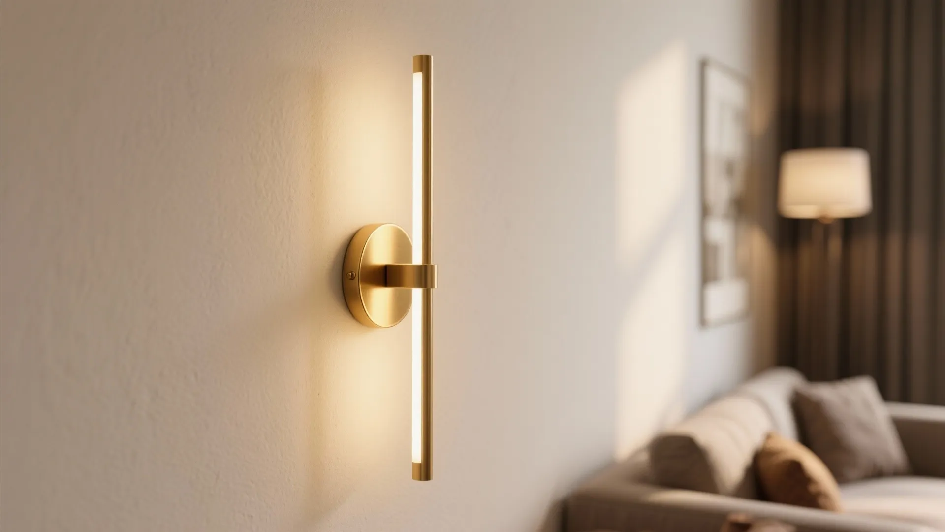 Slim brass wall sconce on neutral wall in living room