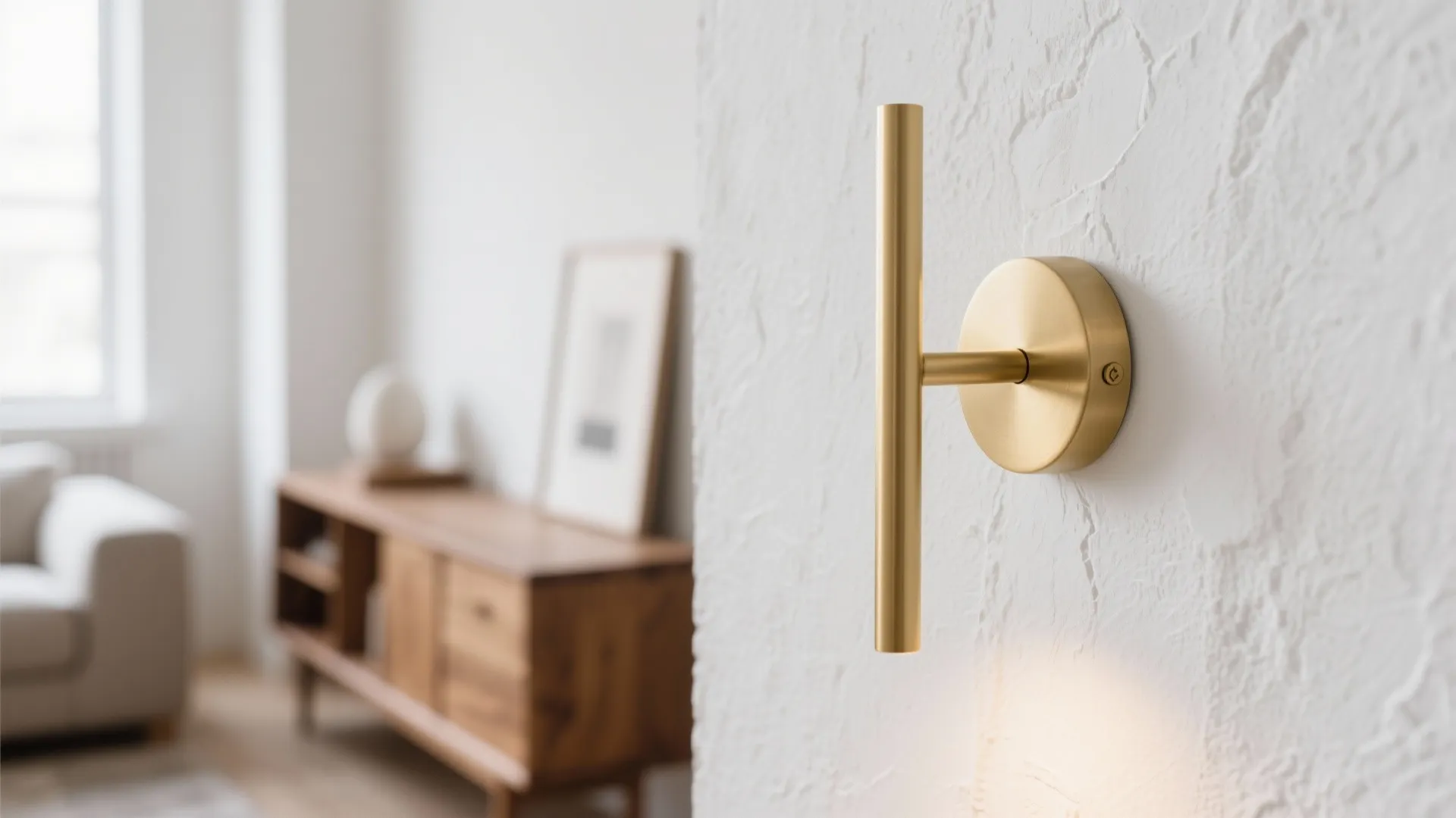 Slim matte brass wall sconce on a white wall with warm daylight