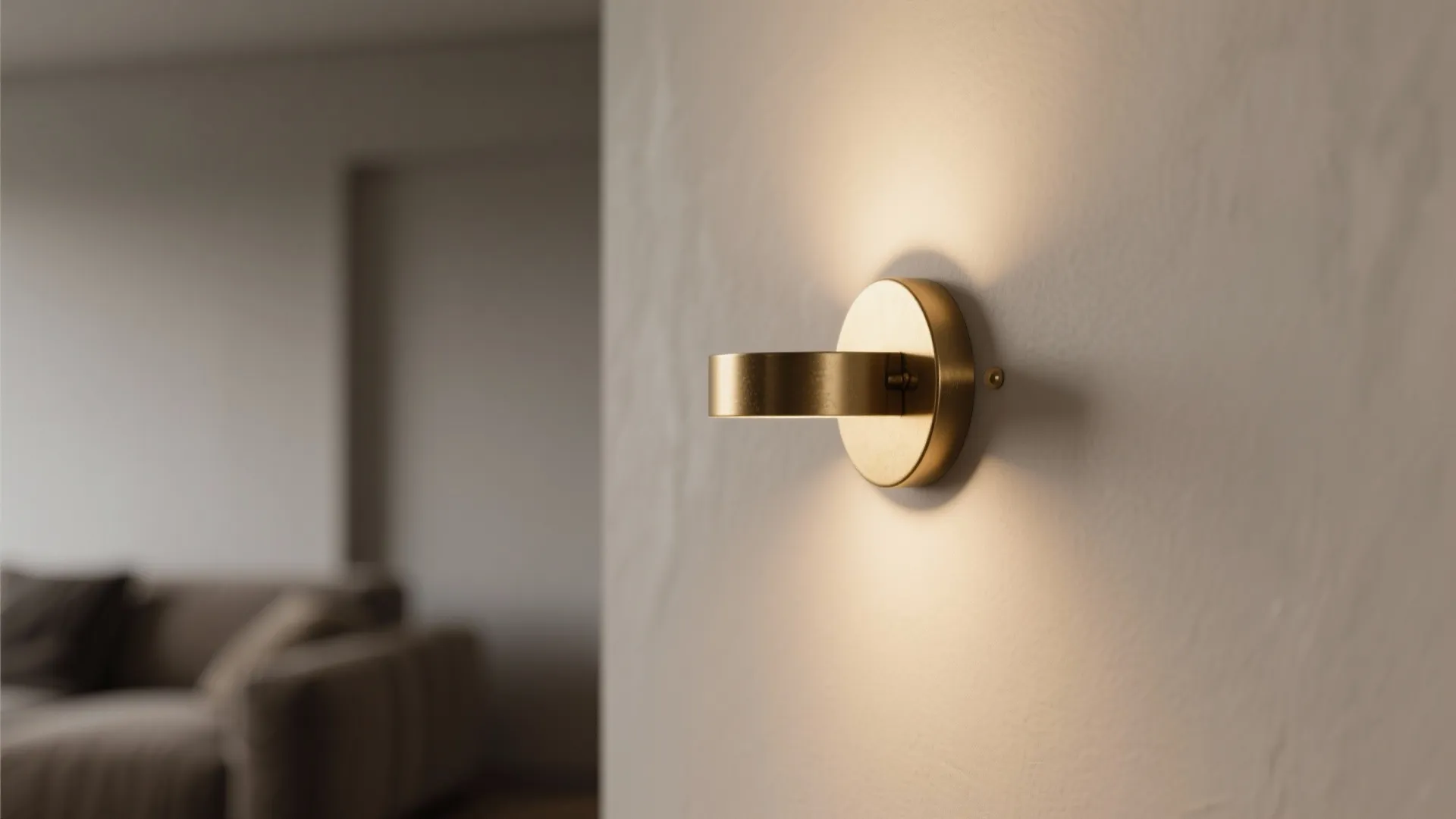 Modern gold wall light on a white textured wall with blurred sofa in the background