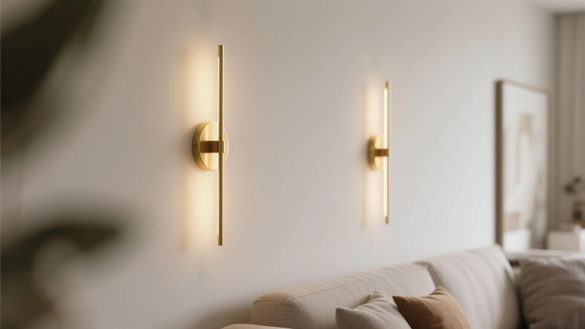 Modern gold wall light fixtures installed above a beige sofa in a minimalist living room interior