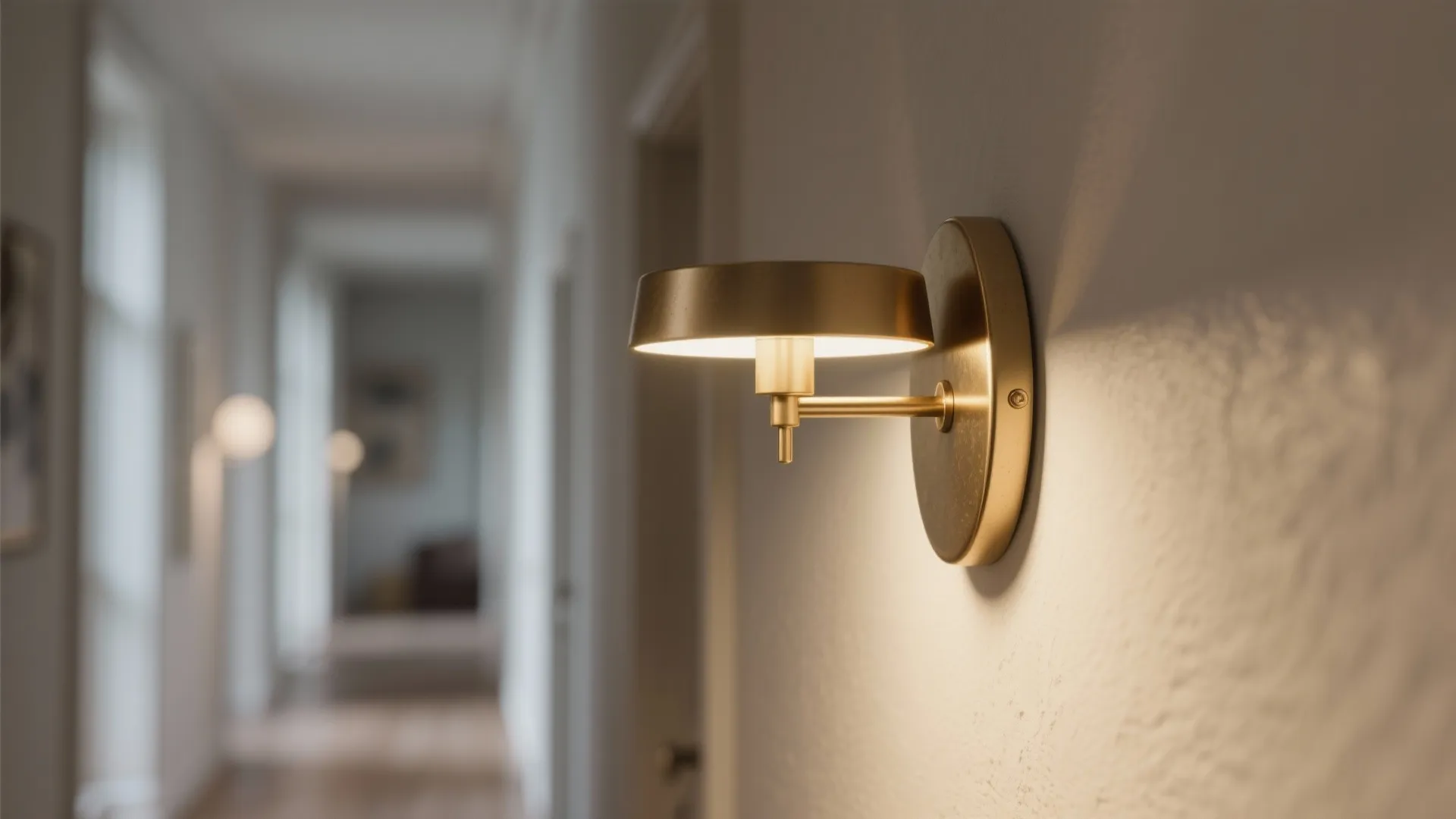 Modern brass wall light fixed on a white wall in a long blurred hallway interior
