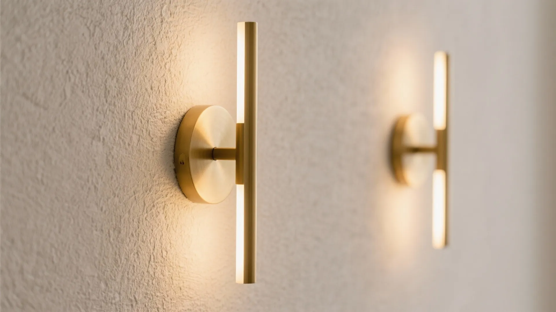 Minimalist brass wall sconces on a neutral wall with warm light