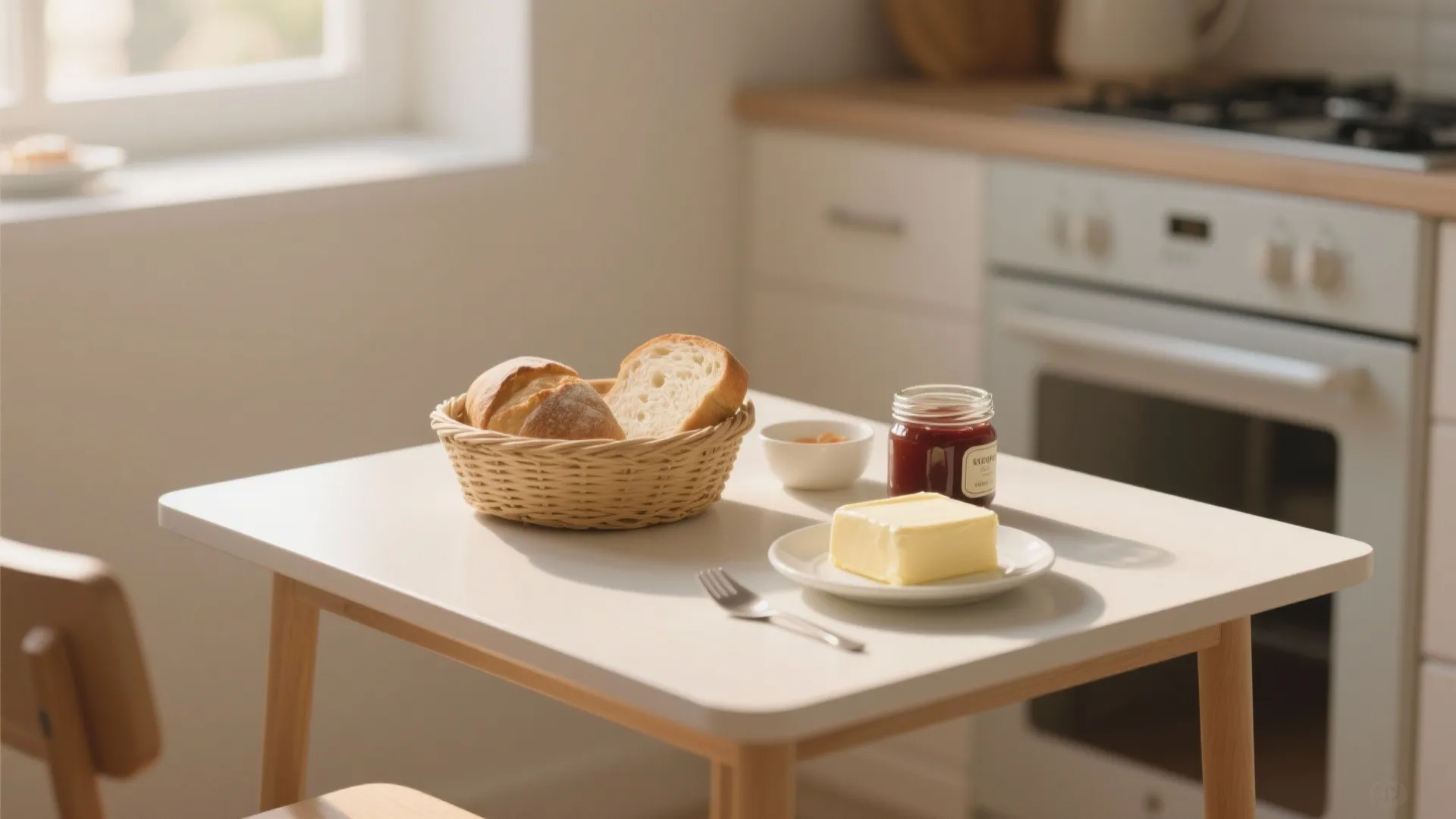 Fresh bread in a basket with butter and jam on a white table in bright kitchen