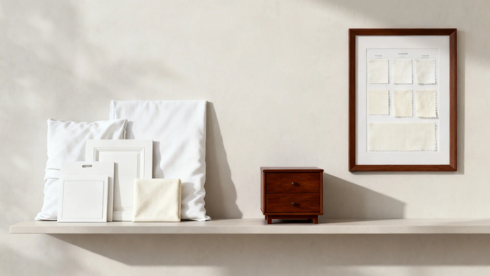 Minimalist flatlay of white linens and a few rich brown accent pieces and fabric swatches.