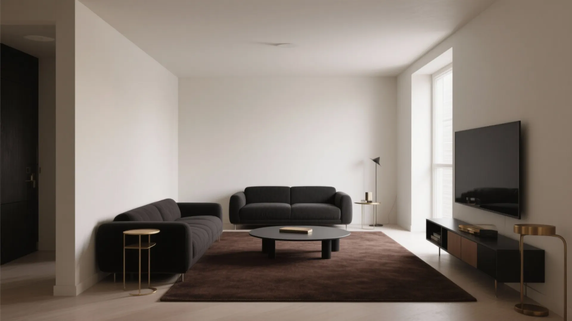 Minimalist living room with brown carpet and neutral walls
