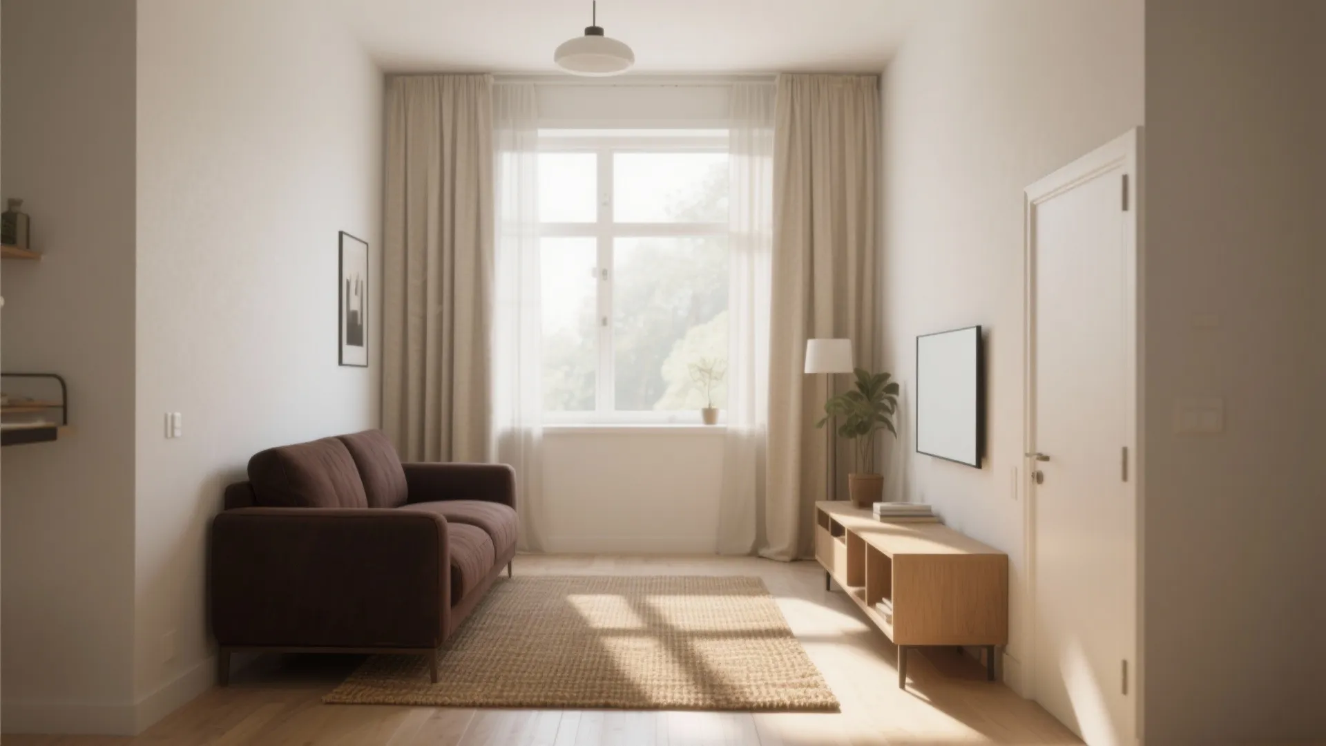Minimalist studio with brown couch, beige decor and natural light