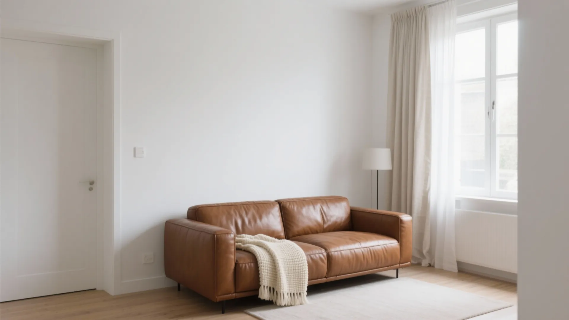 Brown leather couch contrasting with bright white walls in a minimalist living room