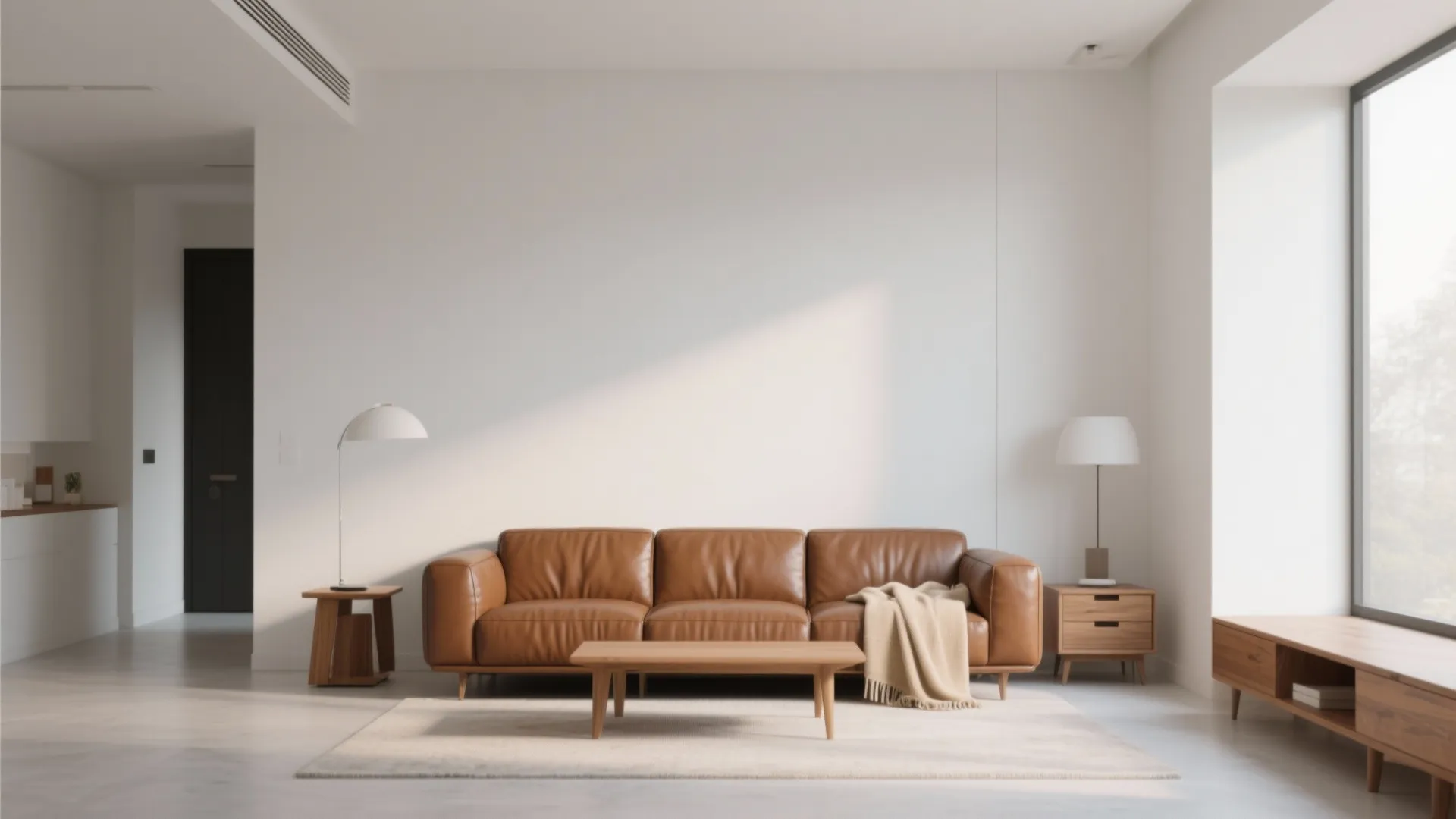 A minimalist living room with a brown leather sofa and warm wooden accents