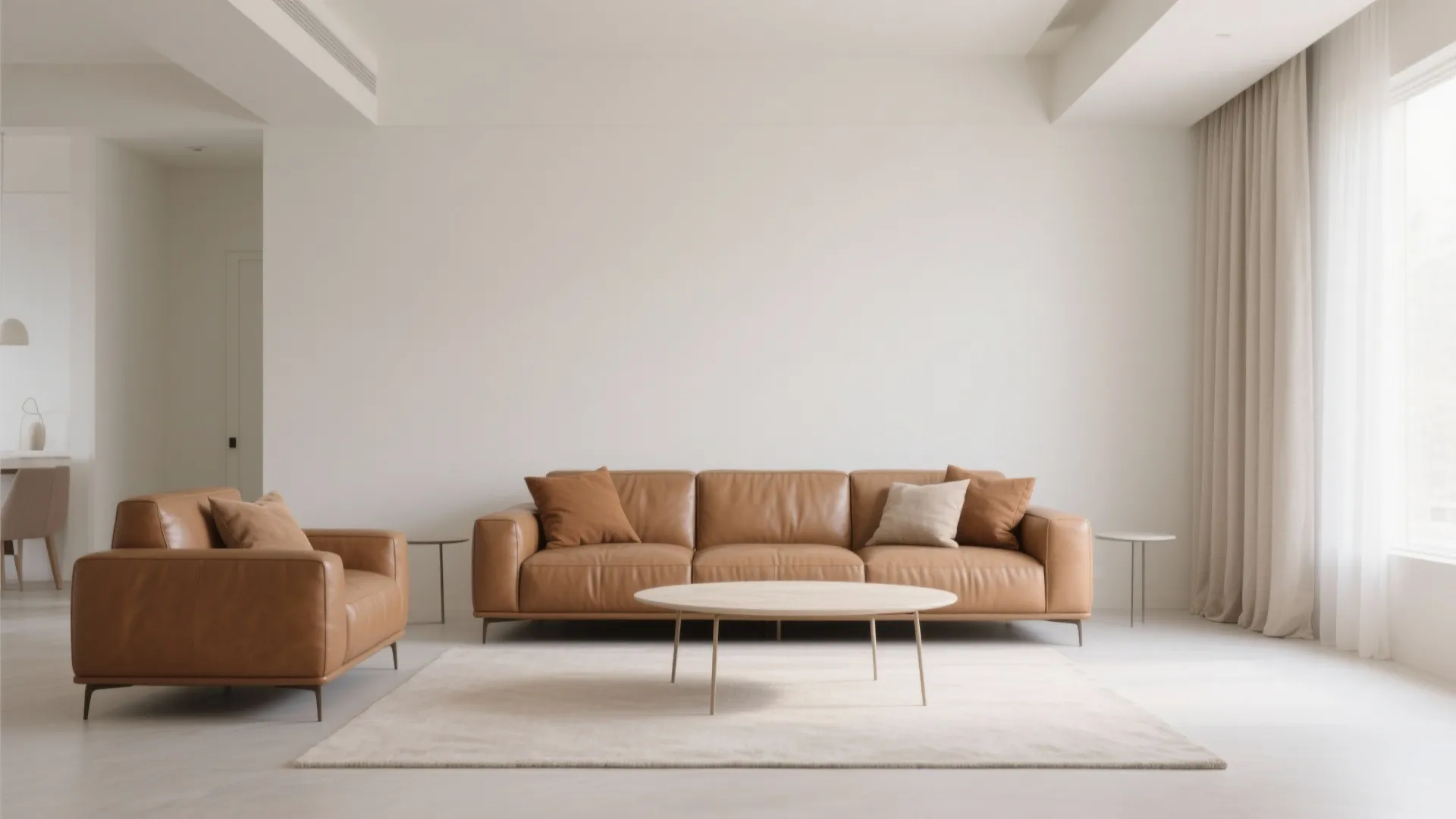 Minimalist living room with brown leather sofa round wooden coffee table white walls and curtain