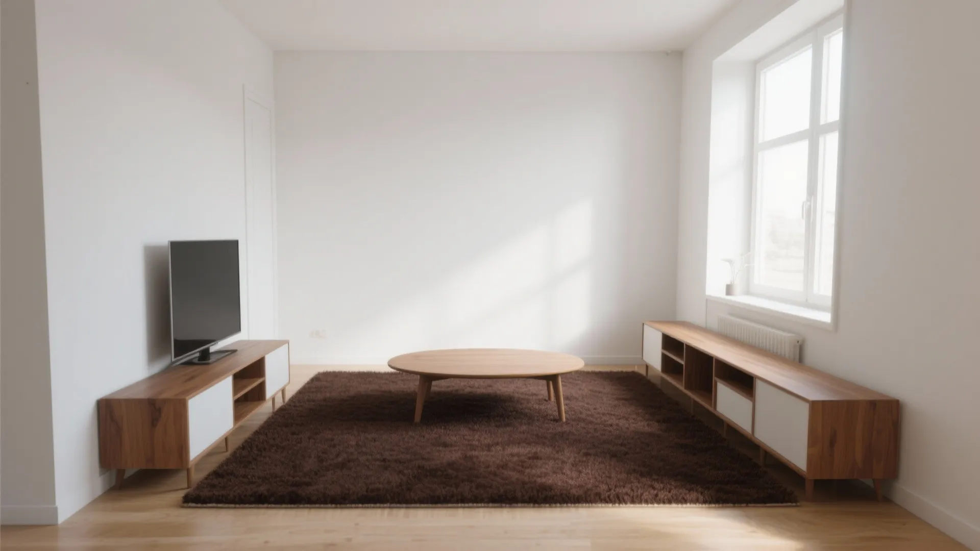 Minimalist small living room with brown carpet and white walls
