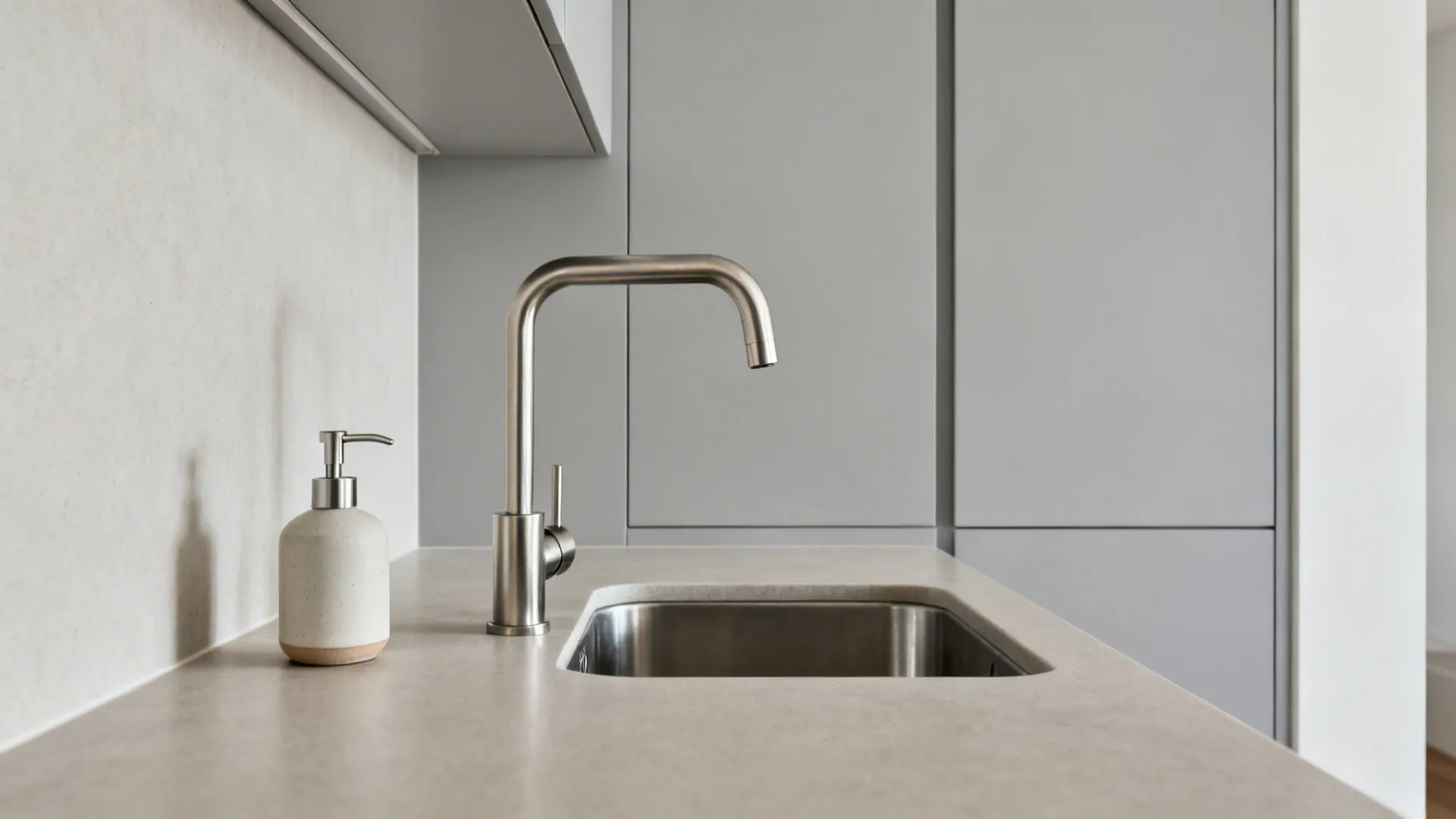 Minimal single-handle brushed nickel mixer on a compact sink with pale gray cabinetry.