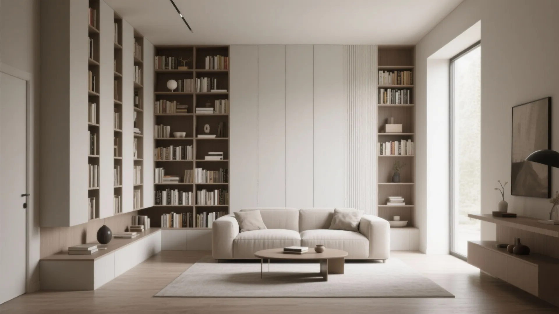 Modern living room with white wall paneling white sofa wood bookcase and round coffee table