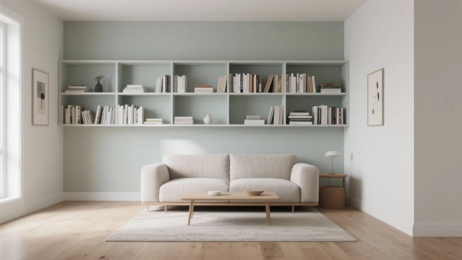 Minimalist living room with cream sofa wood coffee table and wall mounted white storage shelves