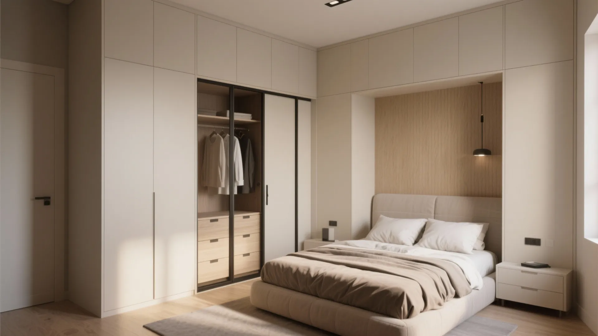 Minimalist bedroom with large white cabinet bed wooden wall panel small black light and rug