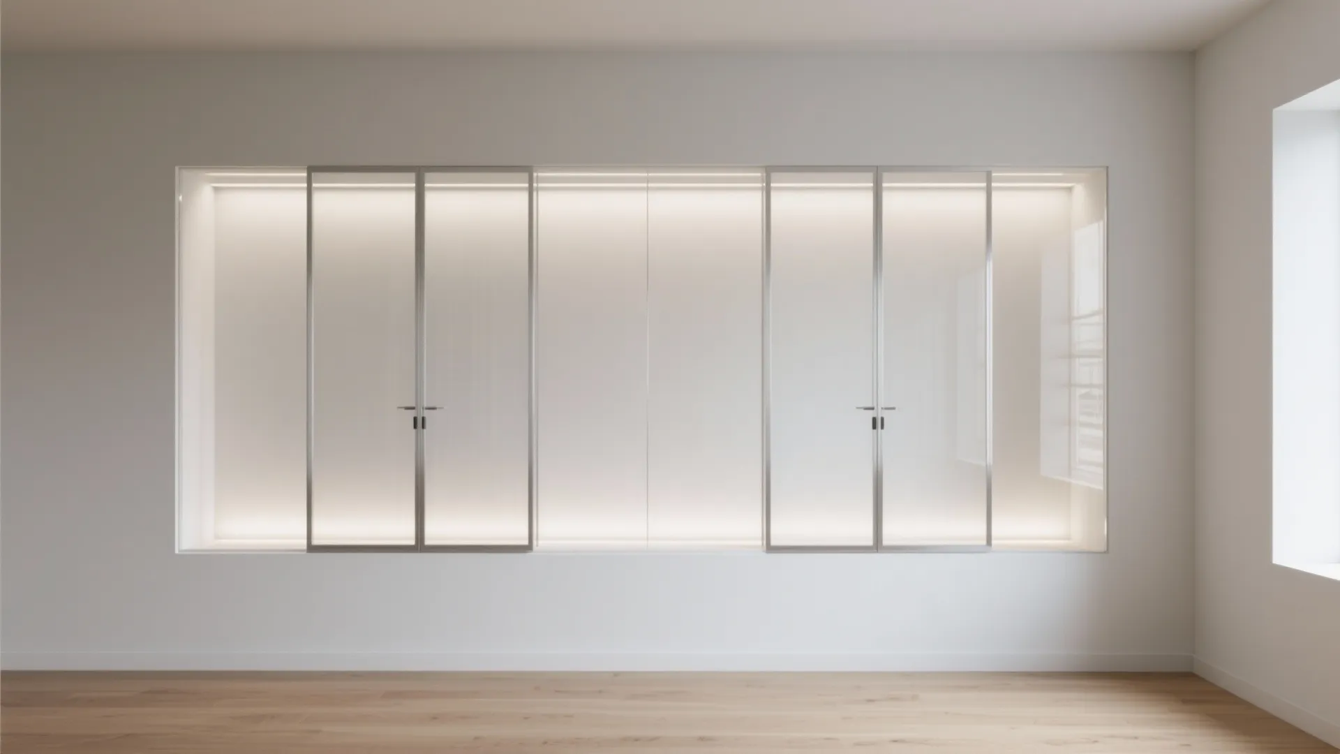 Minimalist glass showcase, streamlined and built-in