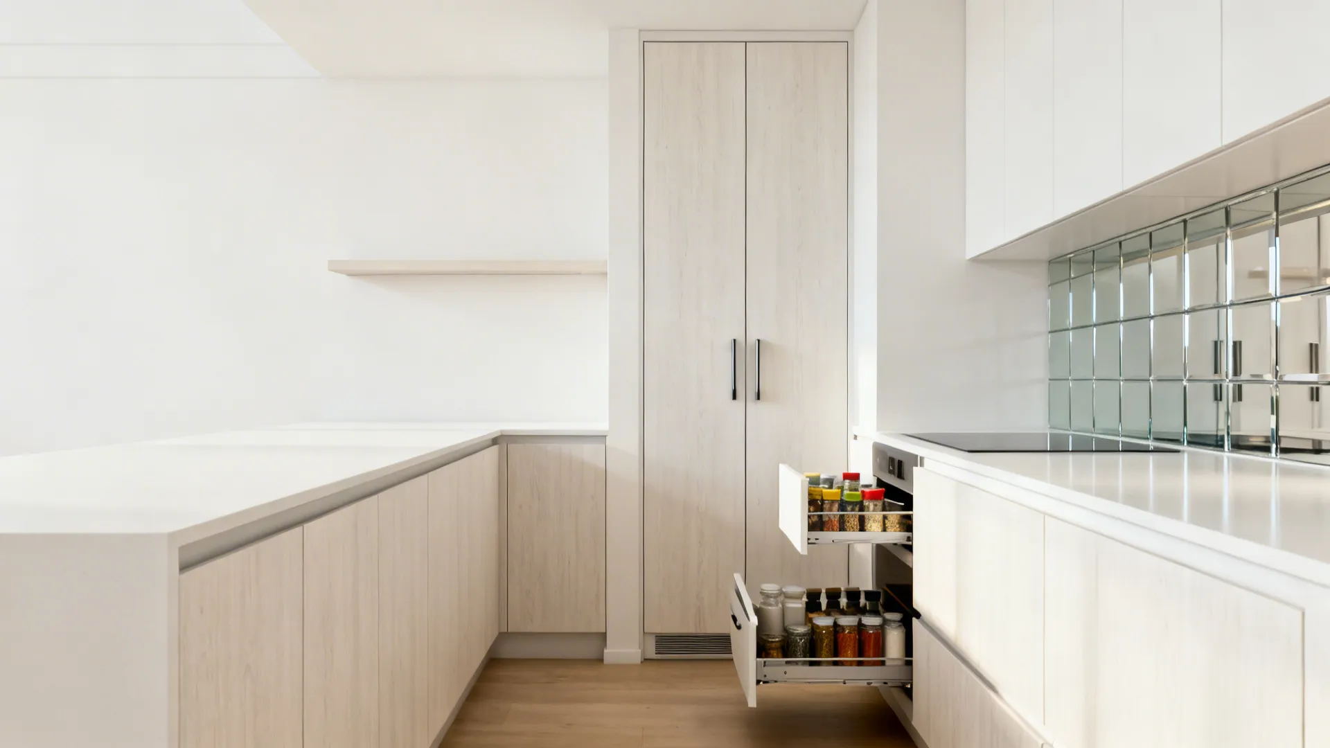 Minimalist 9x8 galley with full-height pantry, floating shelf, and concealed storage.