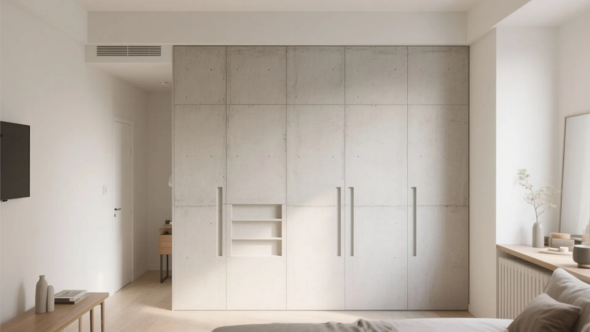 Minimalist bedroom featuring a large floor to ceiling grey wall panel cabinet with simple handles