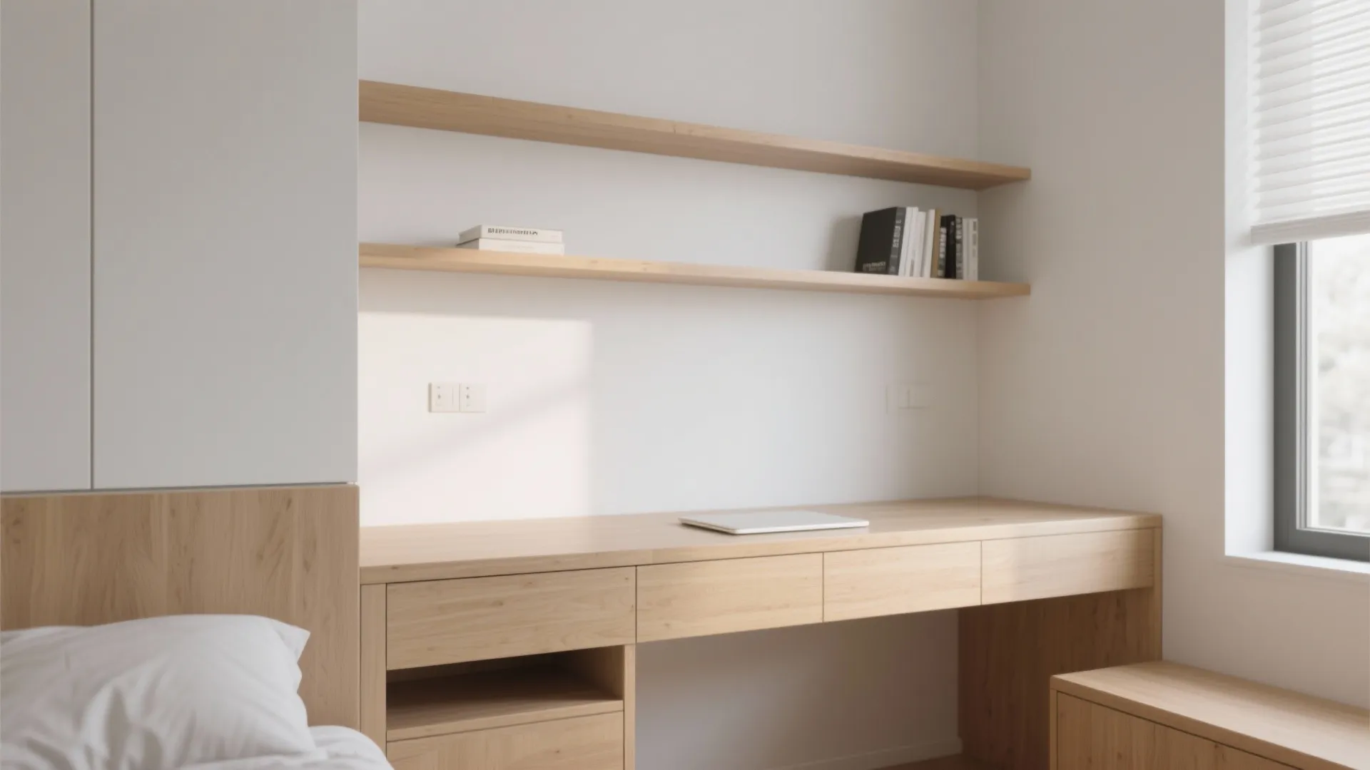 Minimalist built in wooden desk with drawers and wall shelves in a white bright bedroom