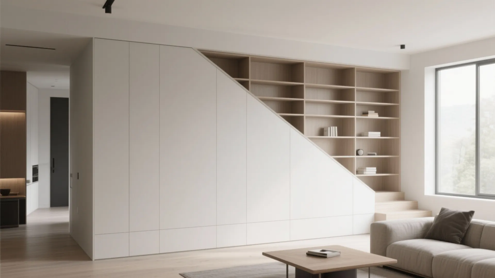 Minimalist white cabinet and wooden bookshelf under stairs in a bright modern living room interior
