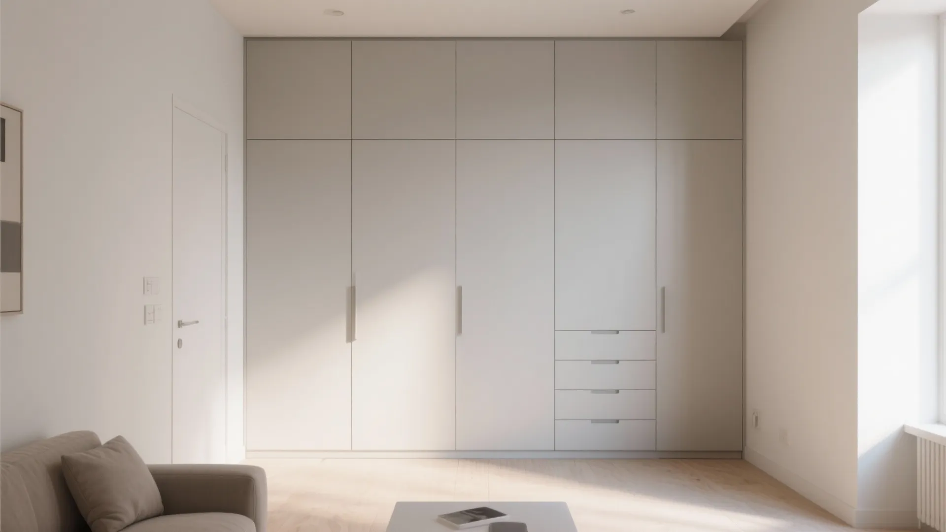 Minimalist cream wall cabinet with built-in drawers and tall doors in a bright modern bedroom