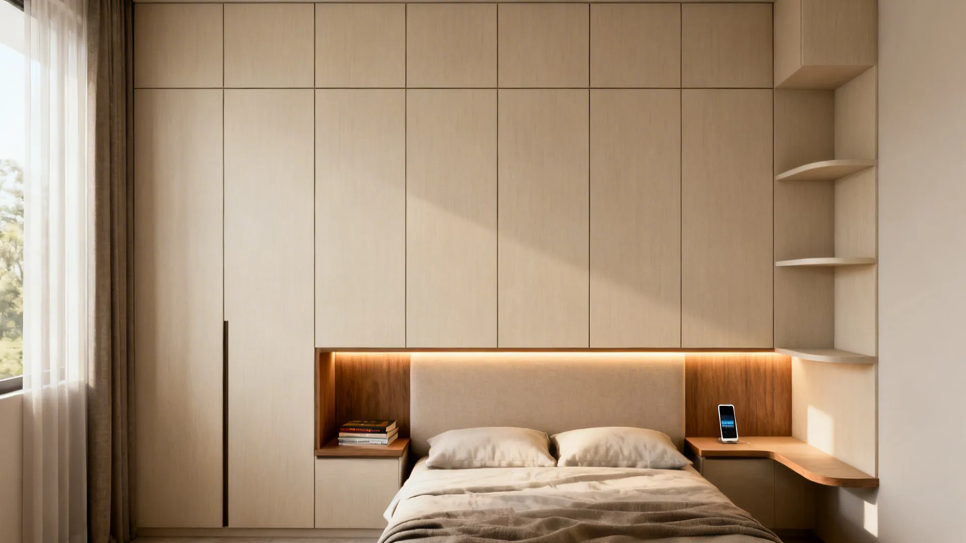 Full-height flush wardrobes and a headboard niche create calm storage in a small bedroom.