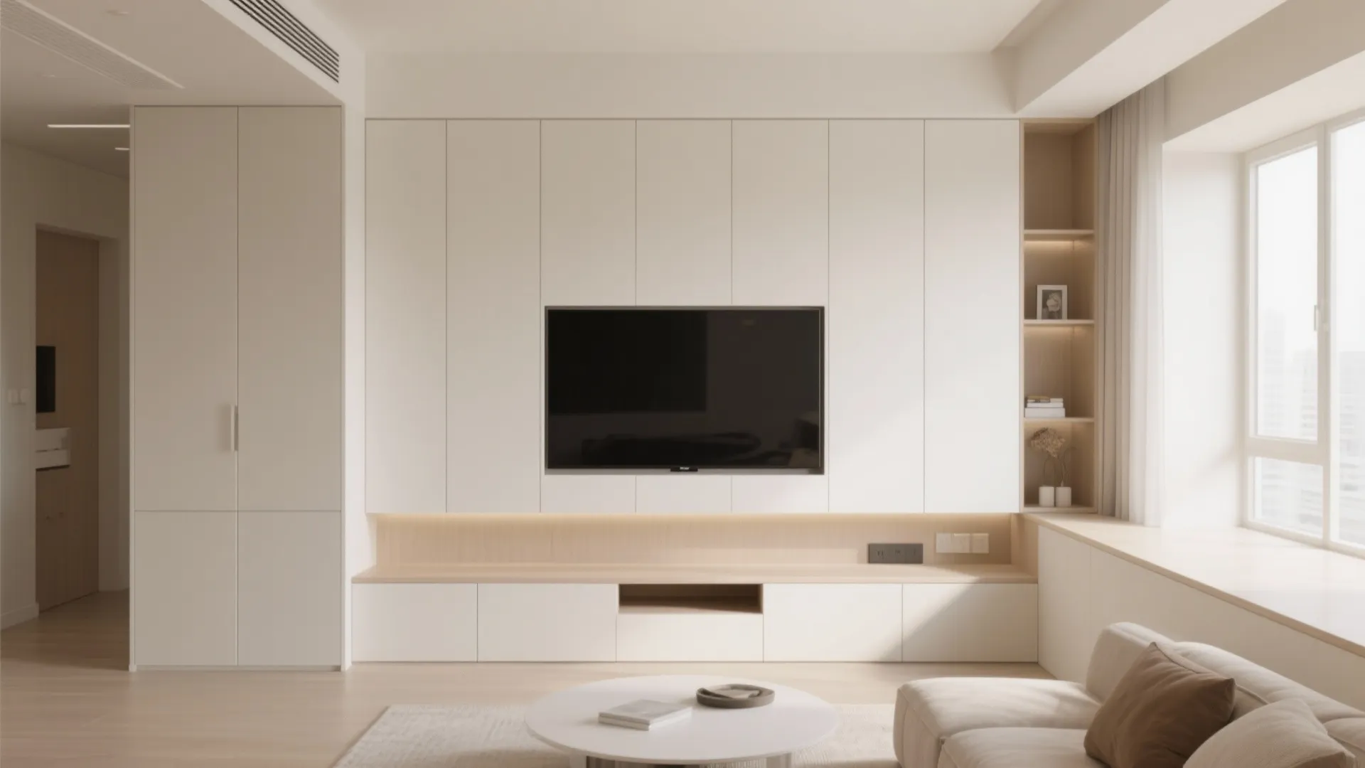 Living room with wall-to-wall minimalist built-in storage unit