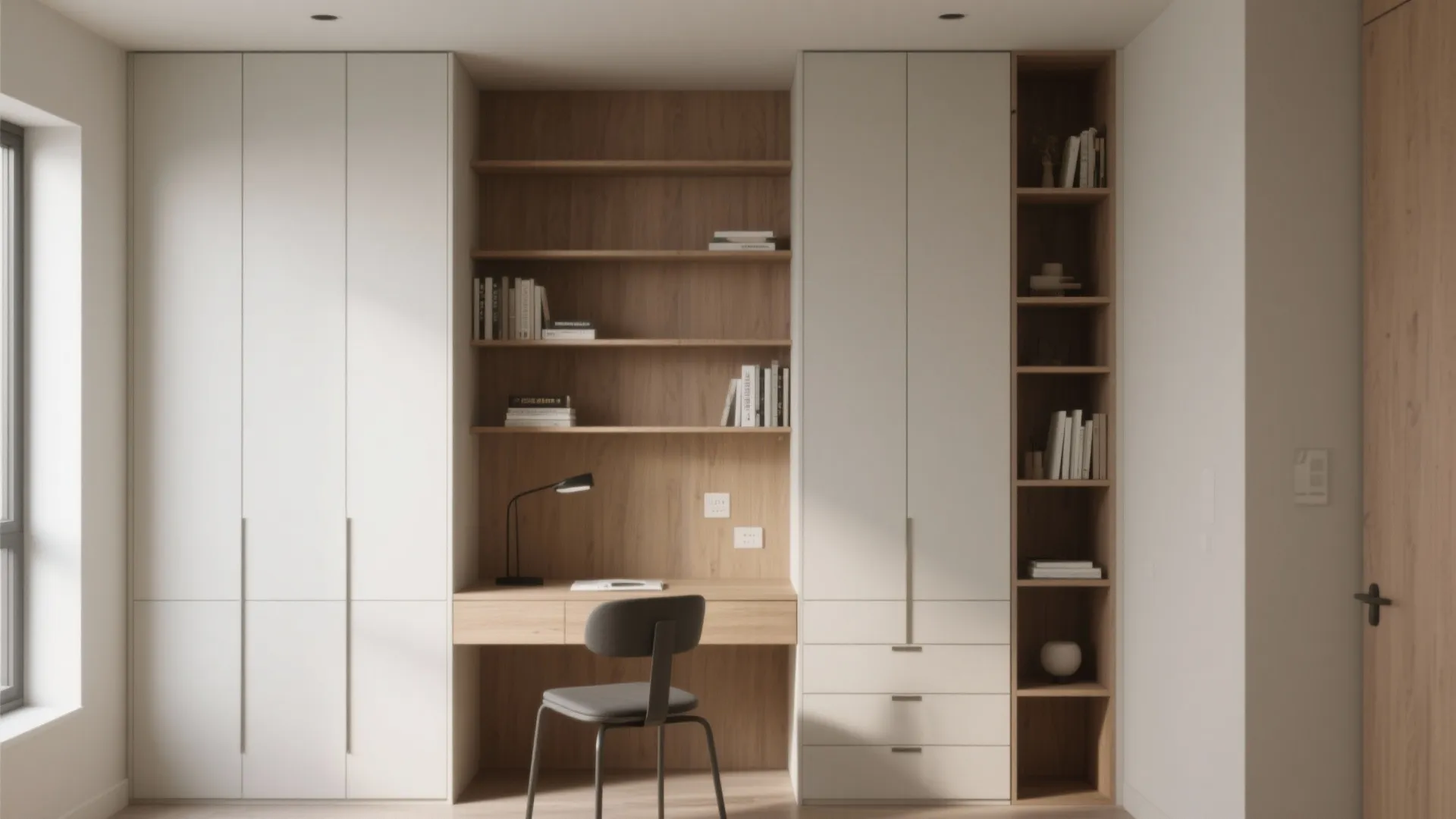Large white wall cabinets with built in wooden desk, shelves, books, lamp, and grey chair