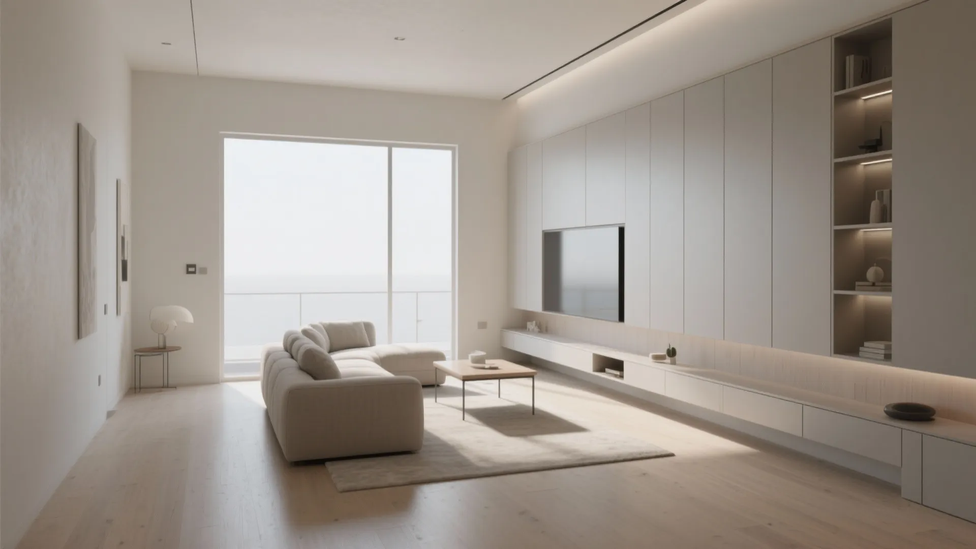 Minimalist living room featuring large white wall cabinet television beige sofa and light wood flooring