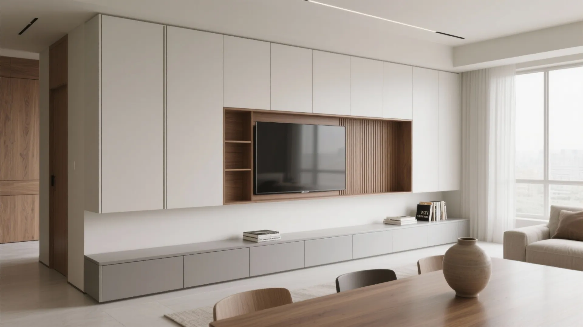Minimalist built-ins for living-dining continuity