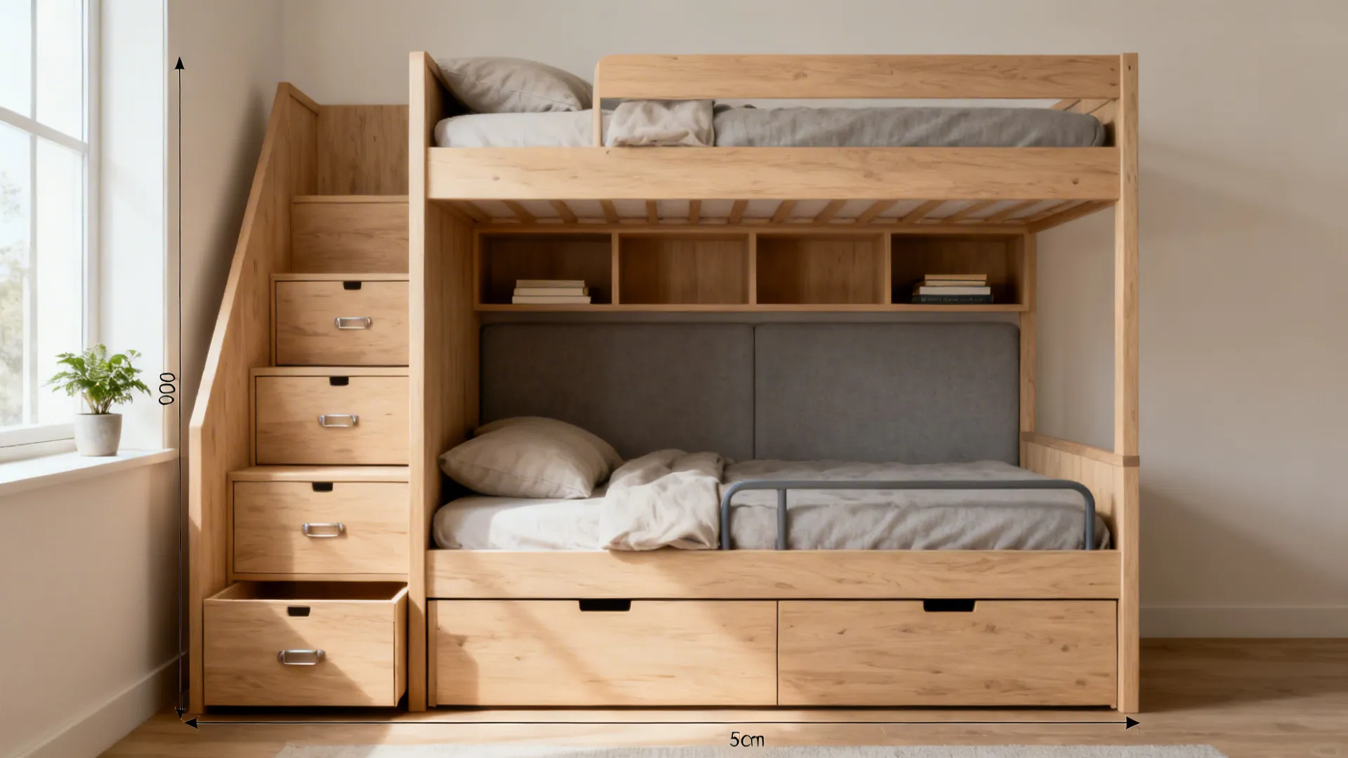 Minimalist bunk bed with stair drawers and headboard cubbies in a compact room.