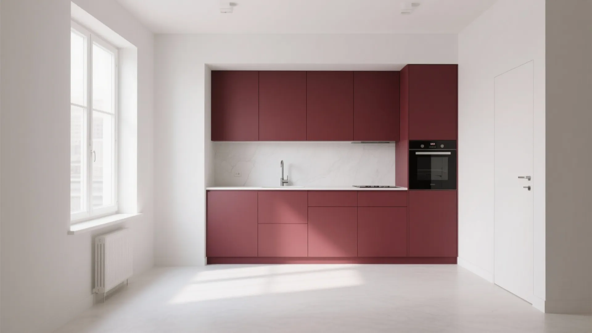 Minimalist white room featuring burgundy kitchen cabinets marble backsplash black oven and large bright window