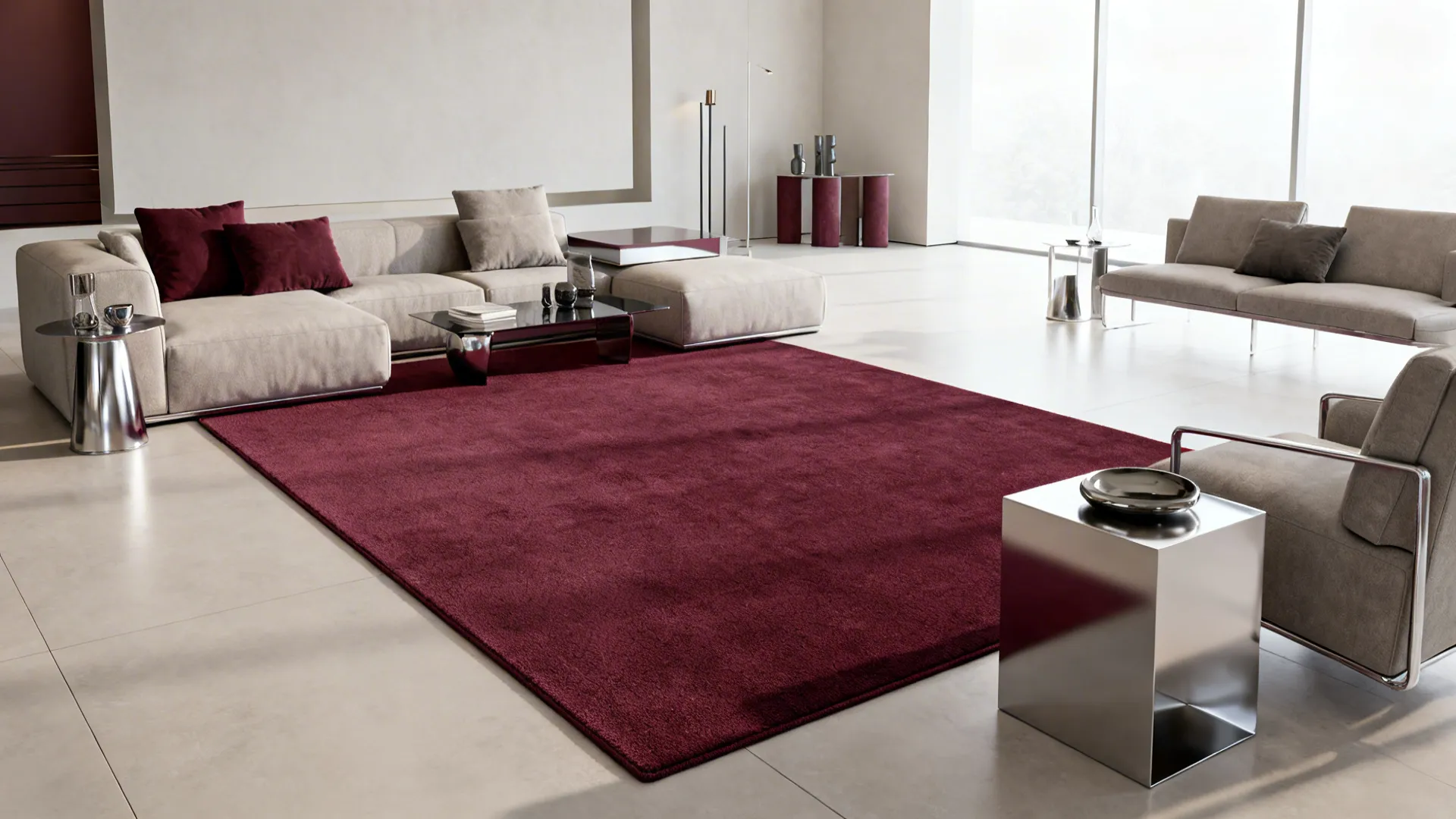Minimalist living room featuring a solid burgundy rug with beige sofa and silver side table