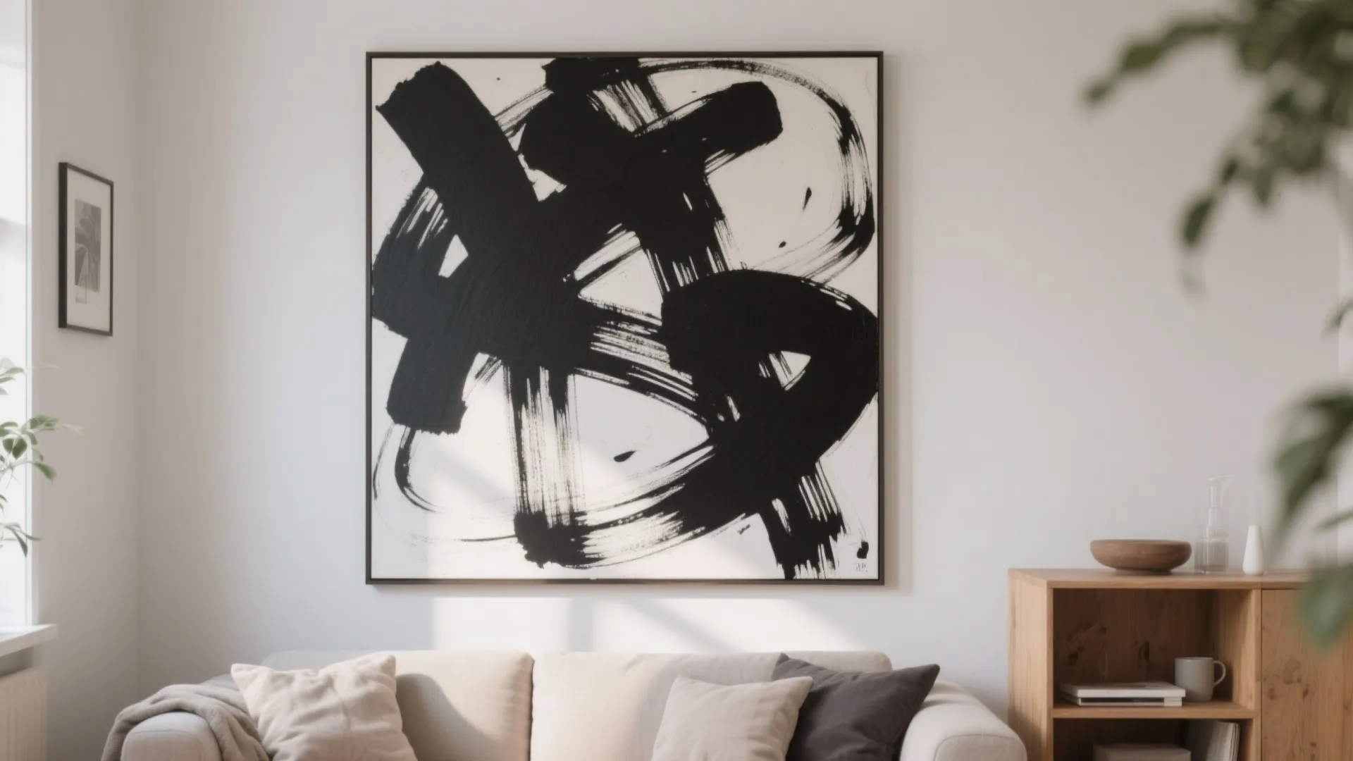 Large black-and-white abstract canvas above Scandinavian sofa