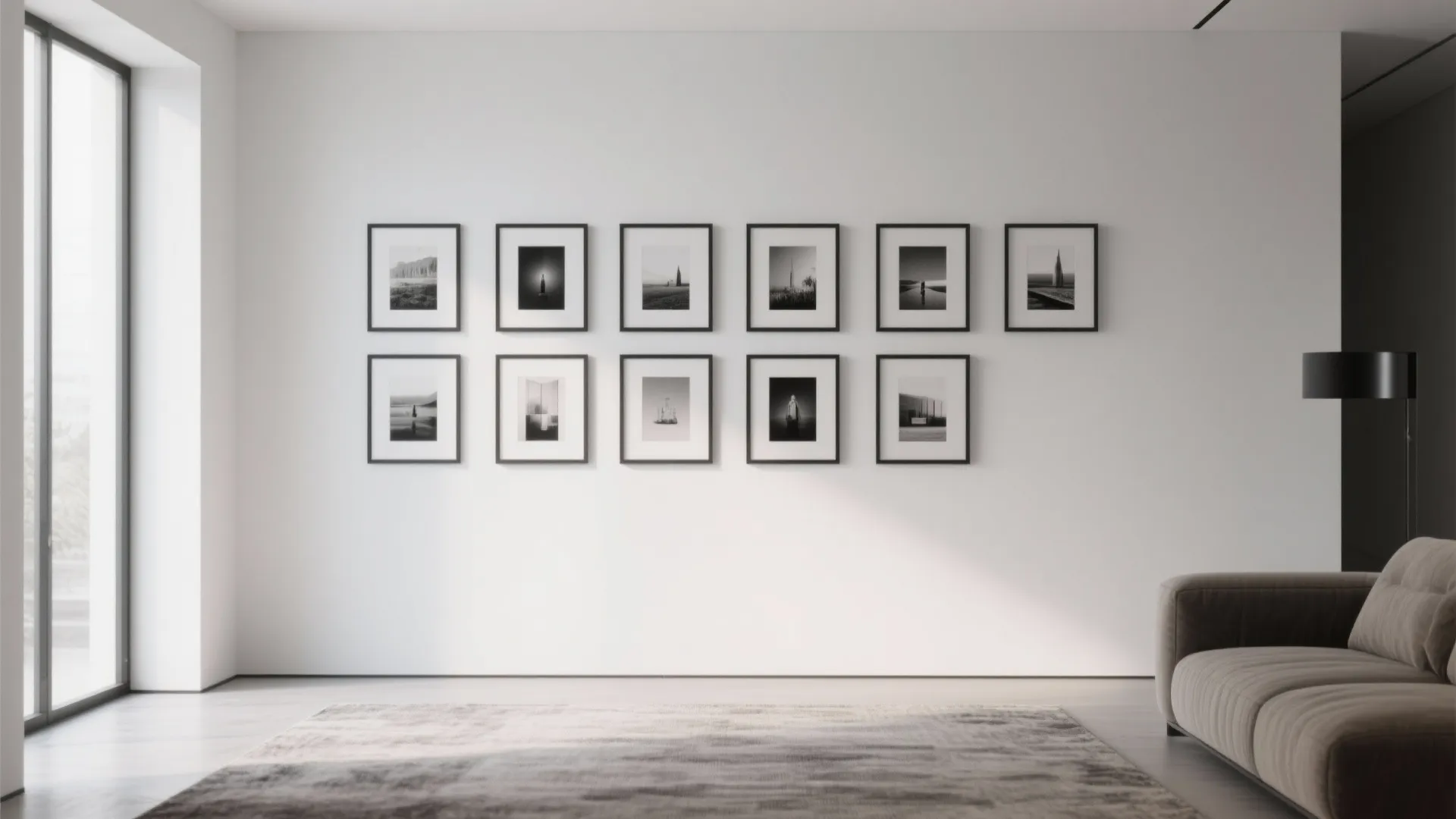 Minimalist living room with black frames on white wall, grey sofa, rug, and natural light