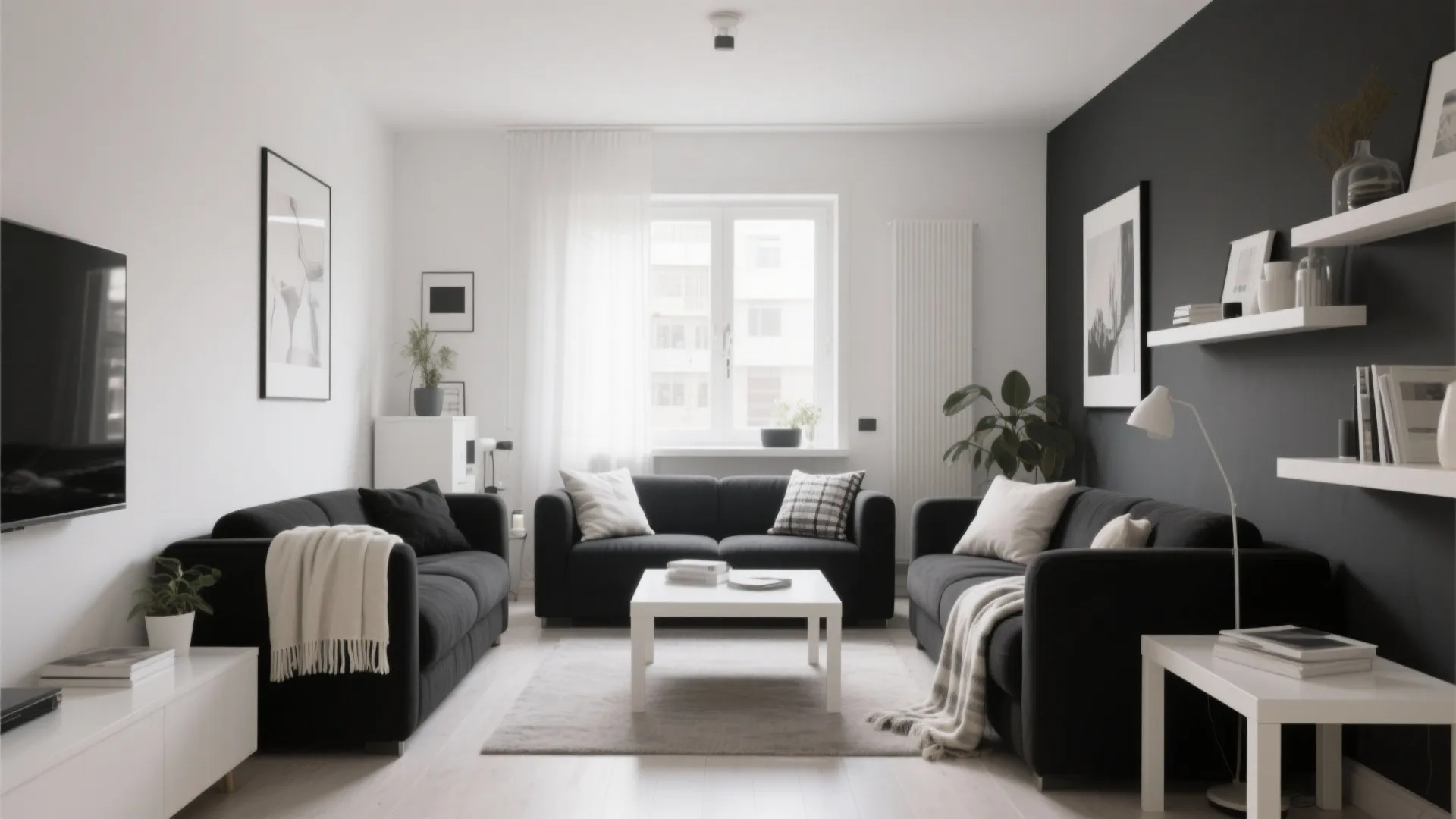 Minimalist black and white furniture in a small modern living room