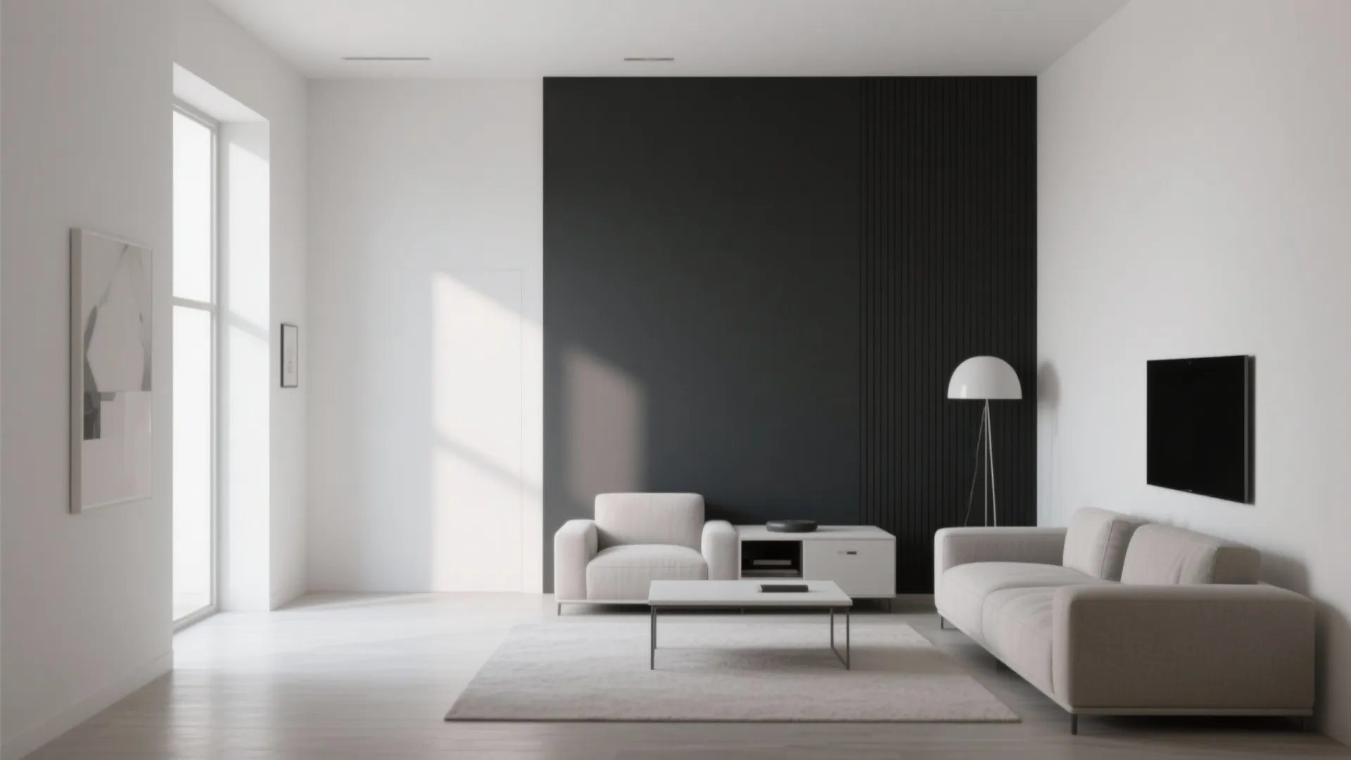 Modern living room with white walls black accent wall beige sofa armchair coffee table and lamp