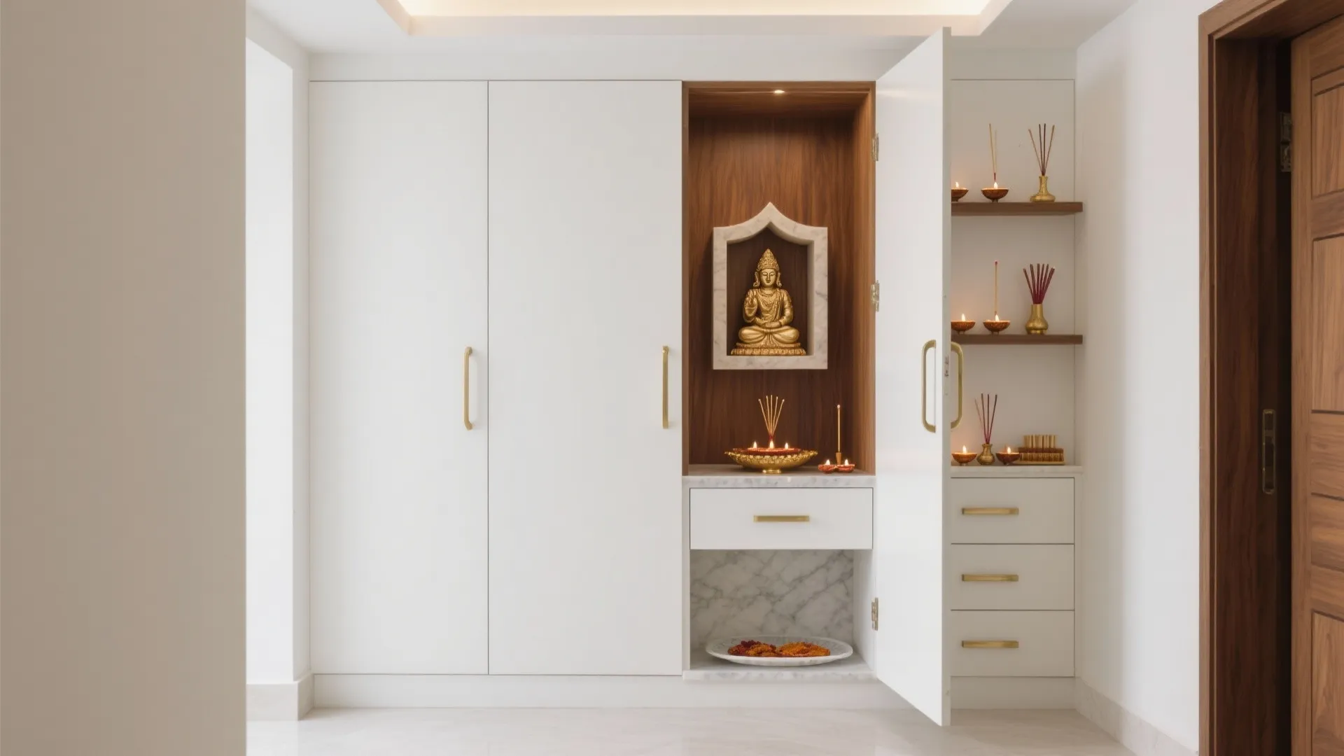 White cabinet with golden handles featuring a wooden prayer space and built in wall shelves