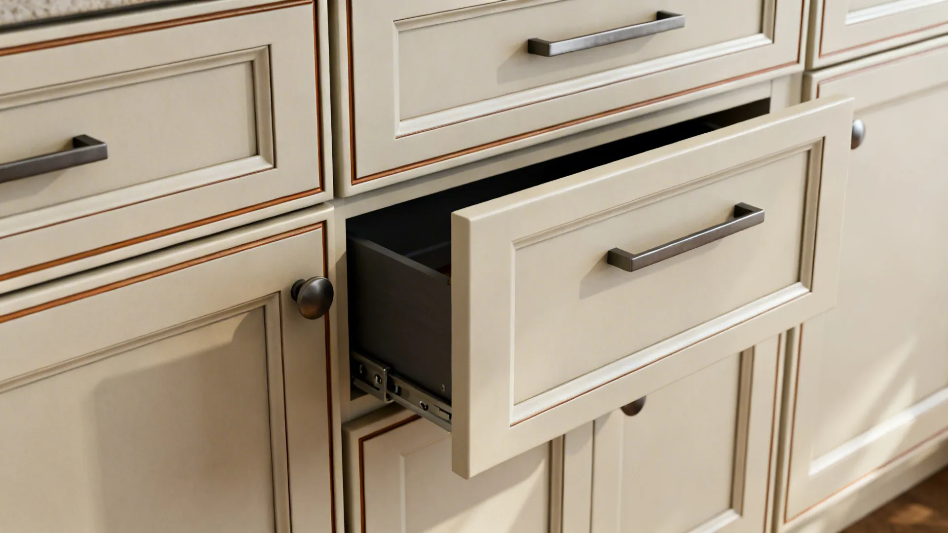 Close up of cream kitchen cabinet with one open drawer showing metal handle and sliding rail