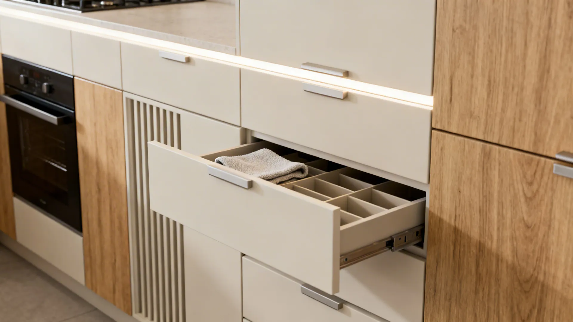 Macro of matte flat-front cabinet doors with integrated pulls and warm wood in soft light.